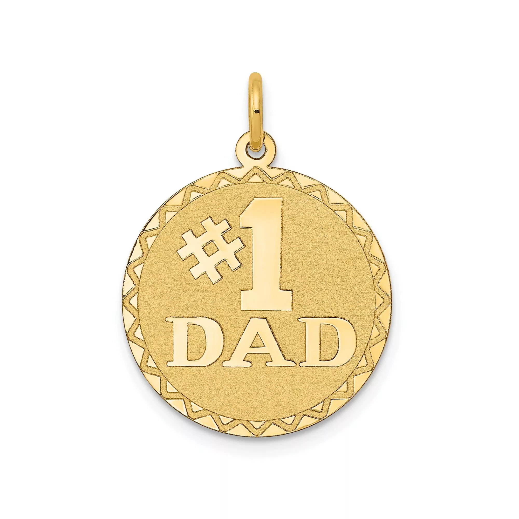 #1 Dad Stacked Words On Round Disc Charm Pendant in Real 14k Yellow Gold