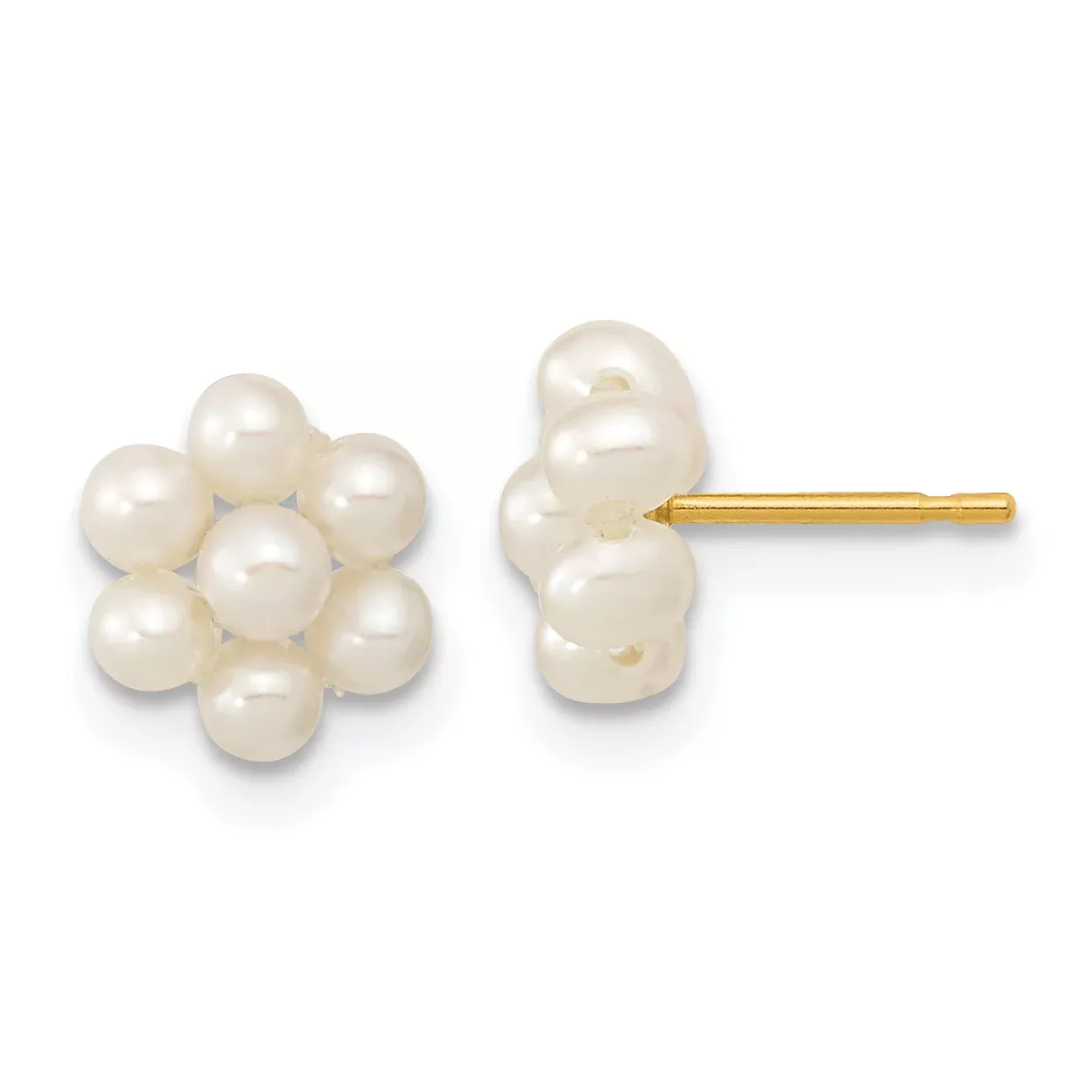 10k 2-3mm White Button Freshwater Cultured Pearl Flower Post Earrings