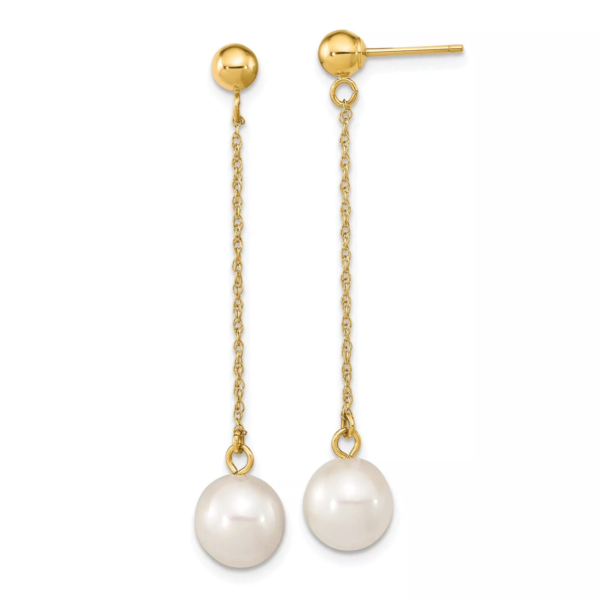 10k 7-8mm White Round Freshwater Cultured Pearl Dangle Post Earrings