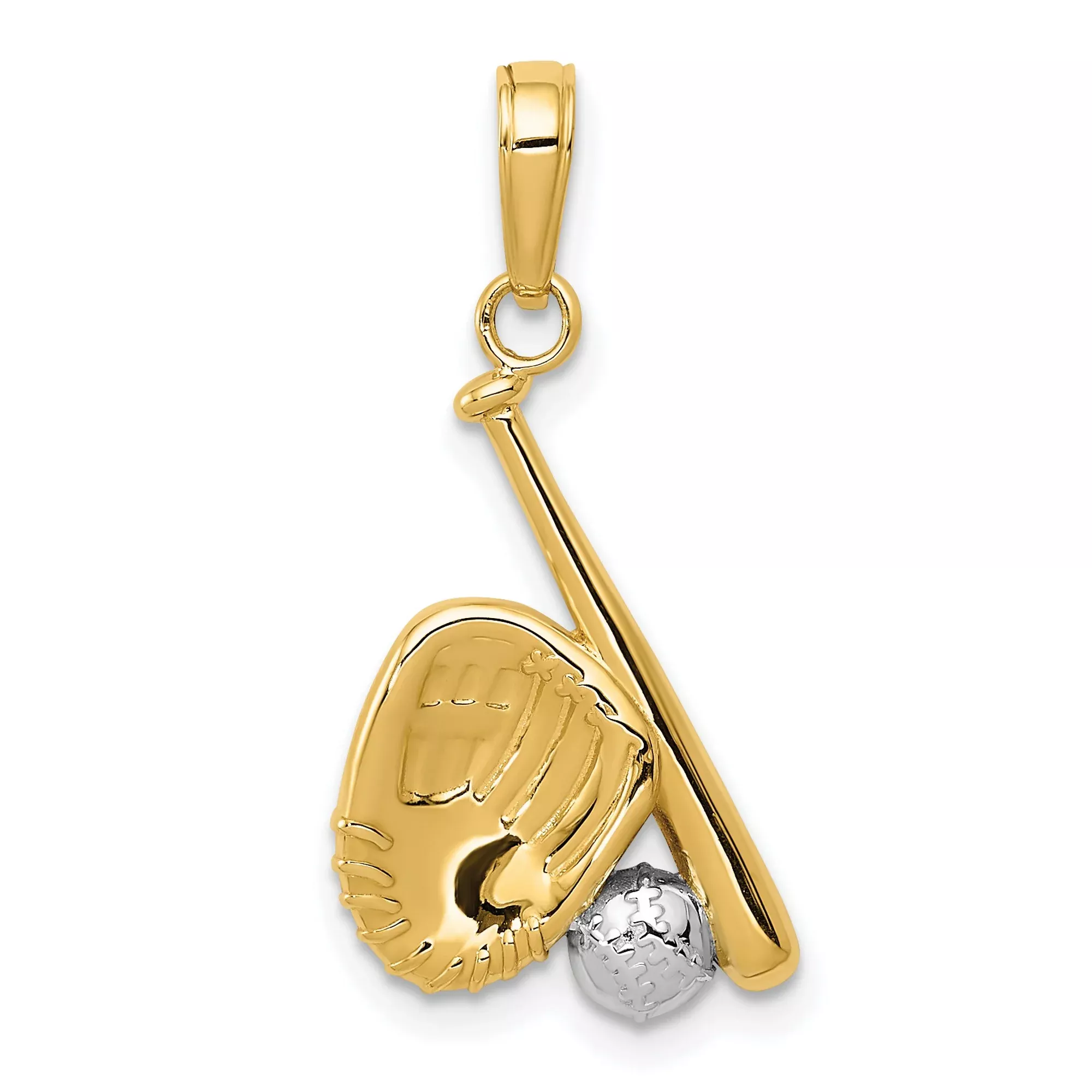 10k Multi-Tone Gold Baseball Pendant with Glove, Bat, and Ball Design, Unisex Sports Charm