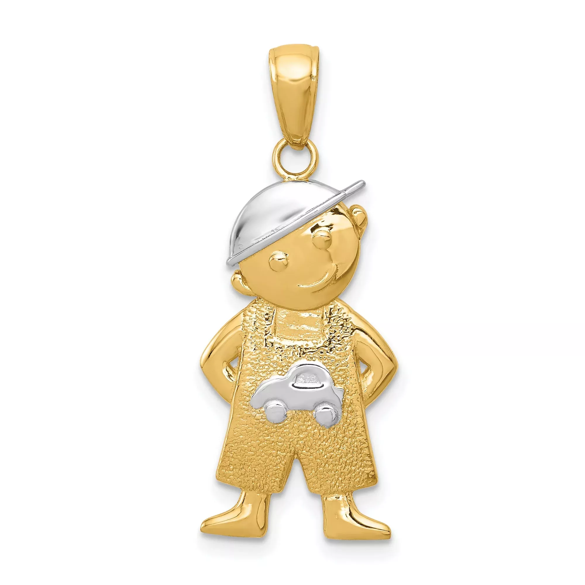 10k Multi-Tone Gold Boy Pendant with Toy Car, Boy in Overalls Charm