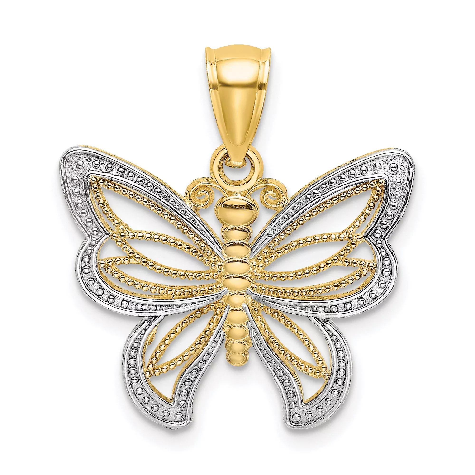 10k Multi-Tone Gold Butterfly Pendant with Openwork and Beaded Wings Design