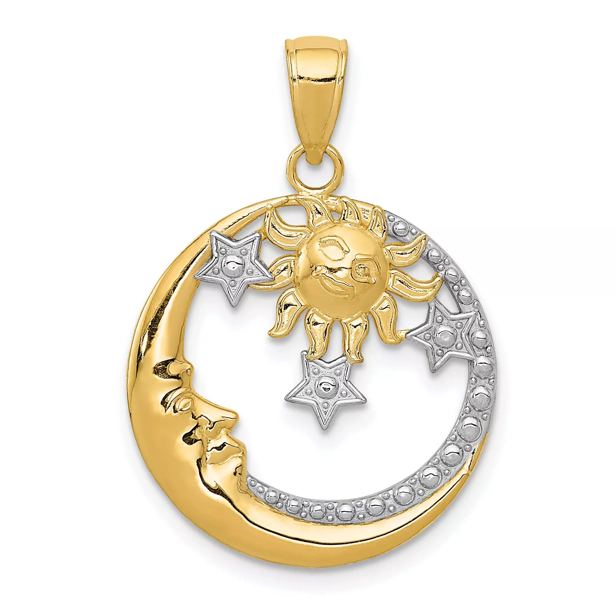 10k Multi-Tone Gold Celestial Pendant with Sun, Moon Face, and Stars