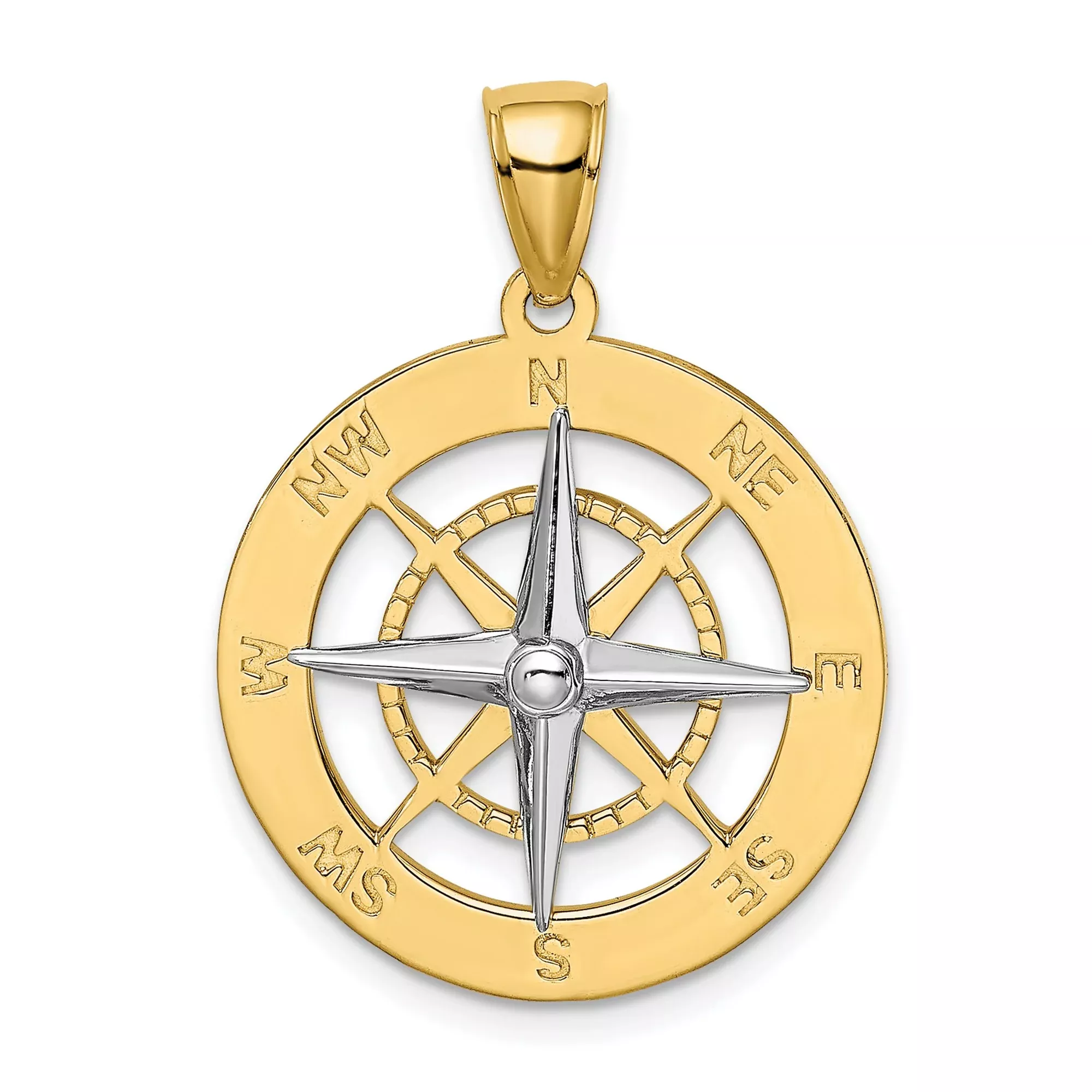 10k Multi-Tone Gold Compass Pendant with North Star, Nautical Travel Charm