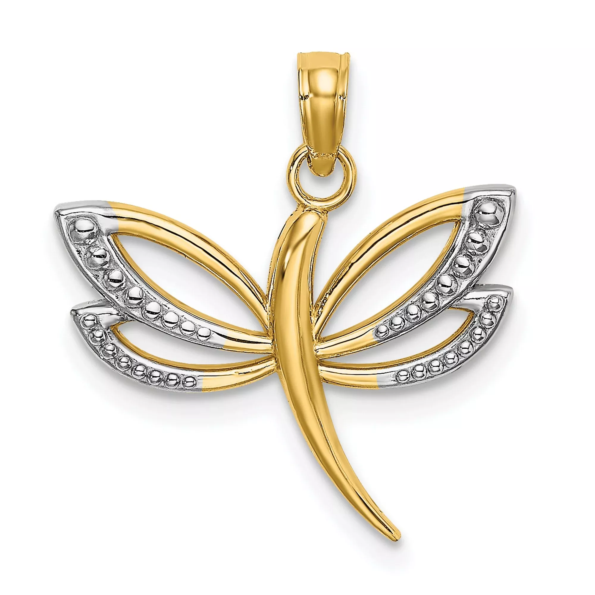 10k Multi-Tone Gold Dragonfly Pendant with Rhodium Accent and Textured Wings