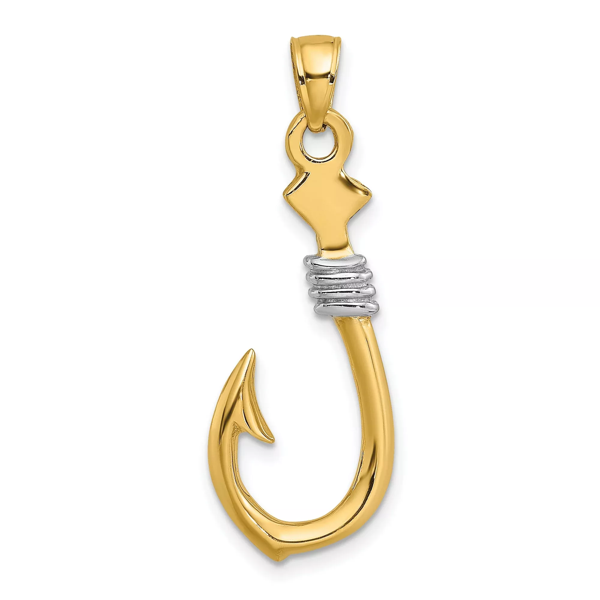 10k Multi-Tone Gold Fish Hook Pendant with Rhodium Accents, Nautical Hawaiian Polynesian Style