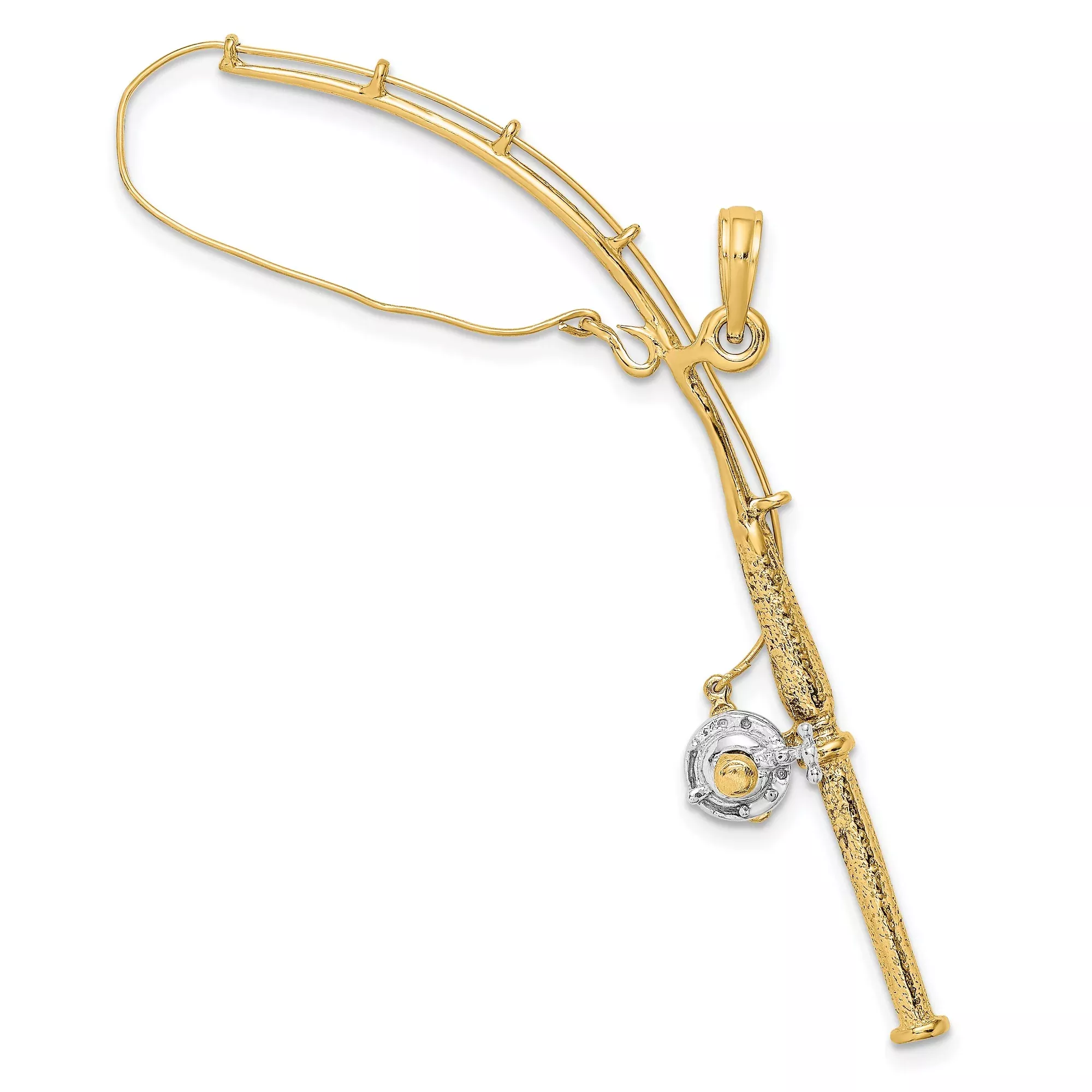 10k Multi-Tone Gold Fishing Pole Pendant with Moveable Reel, Outdoor Theme for Men or Unisex Wear