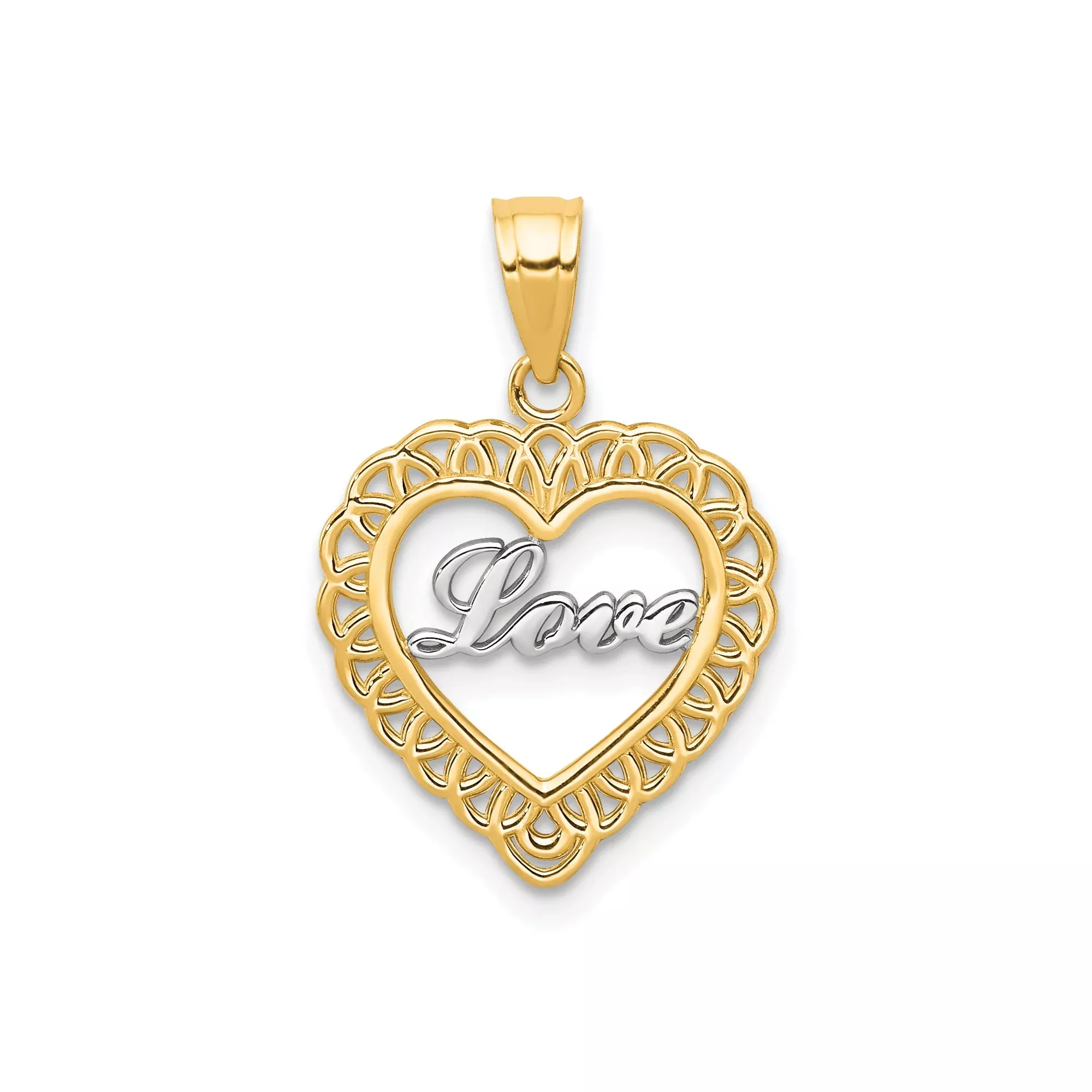 10k Multi-Tone Gold Heart Pendant with Filigree and Script Love Design for Women