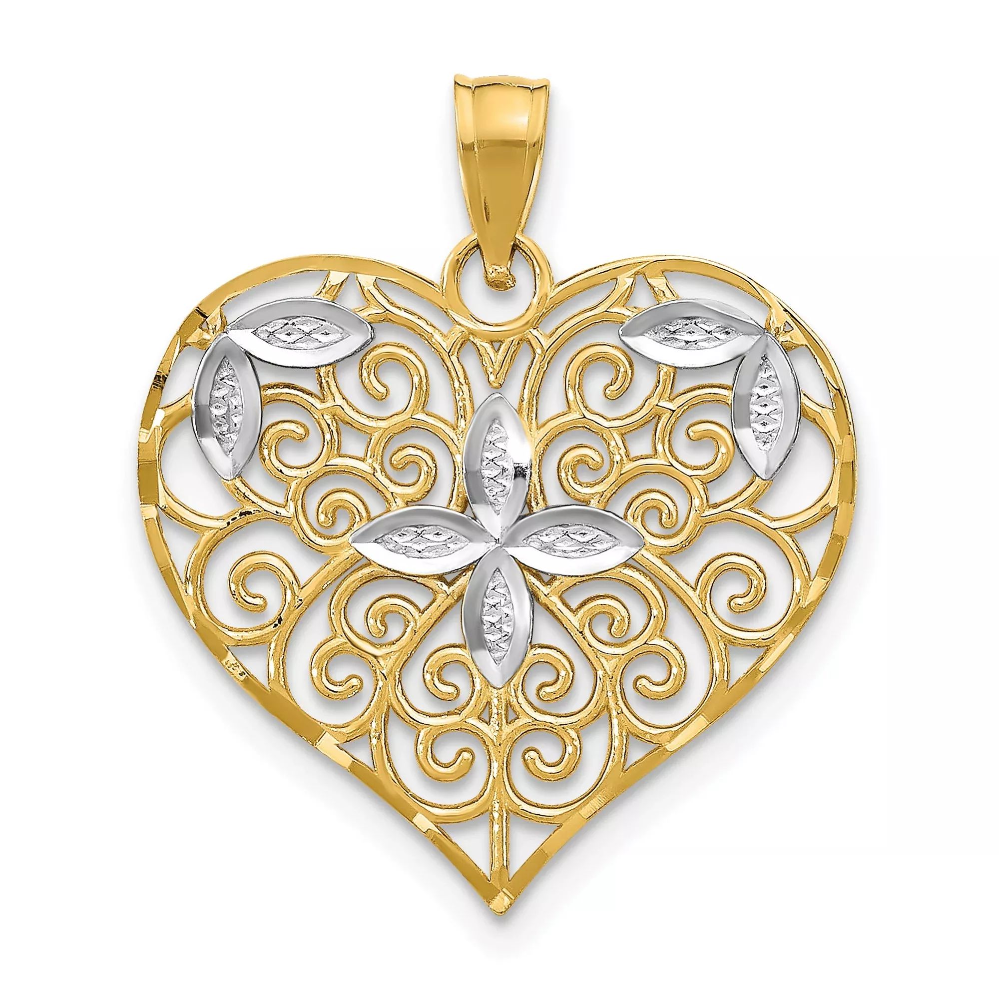 10k Multi-Tone Gold Heart Pendant with Rhodium Accent, Filigree Swirl and Floral Design