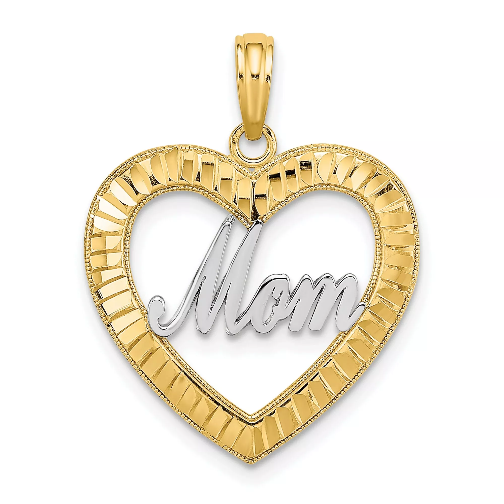 10k Multi-Tone Gold Heart Pendant with Rhodium Mom Script and Textured Frame