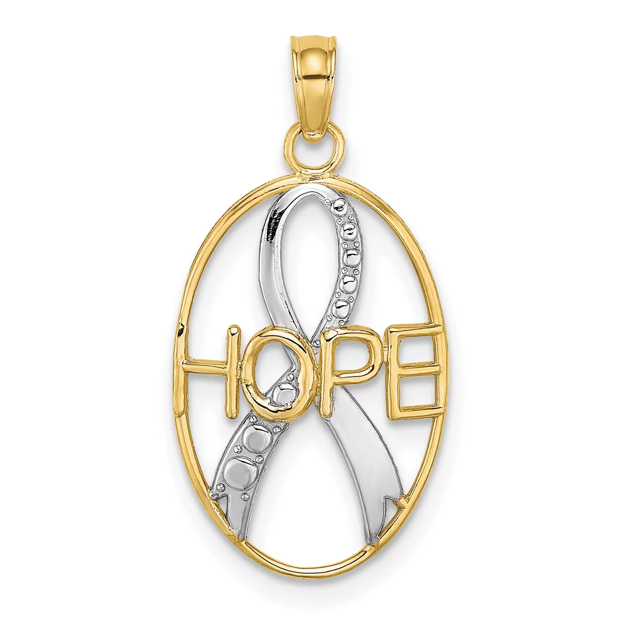 10k Multi-Tone Gold Hope Ribbon Pendant, Inspirational Awareness Jewelry for Women or Unisex