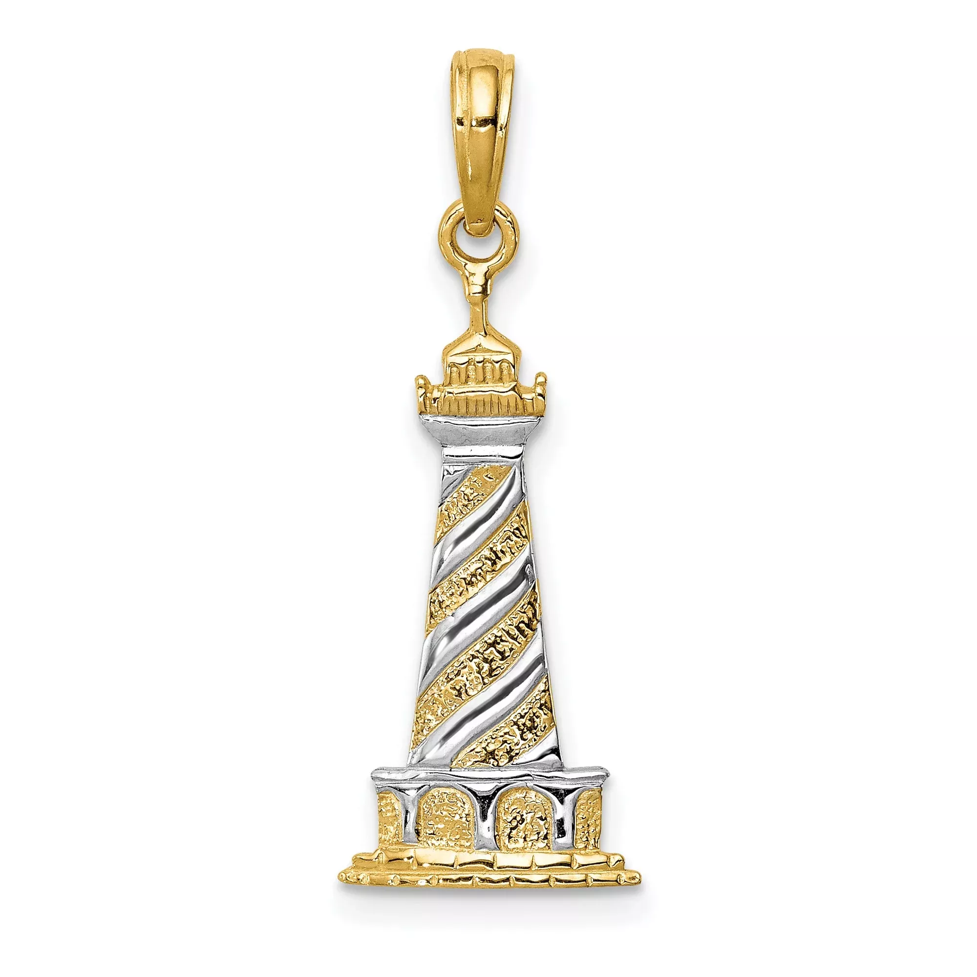 10k Multi-Tone Gold Lighthouse Pendant with Rhodium Detail, Nautical Spiral Design