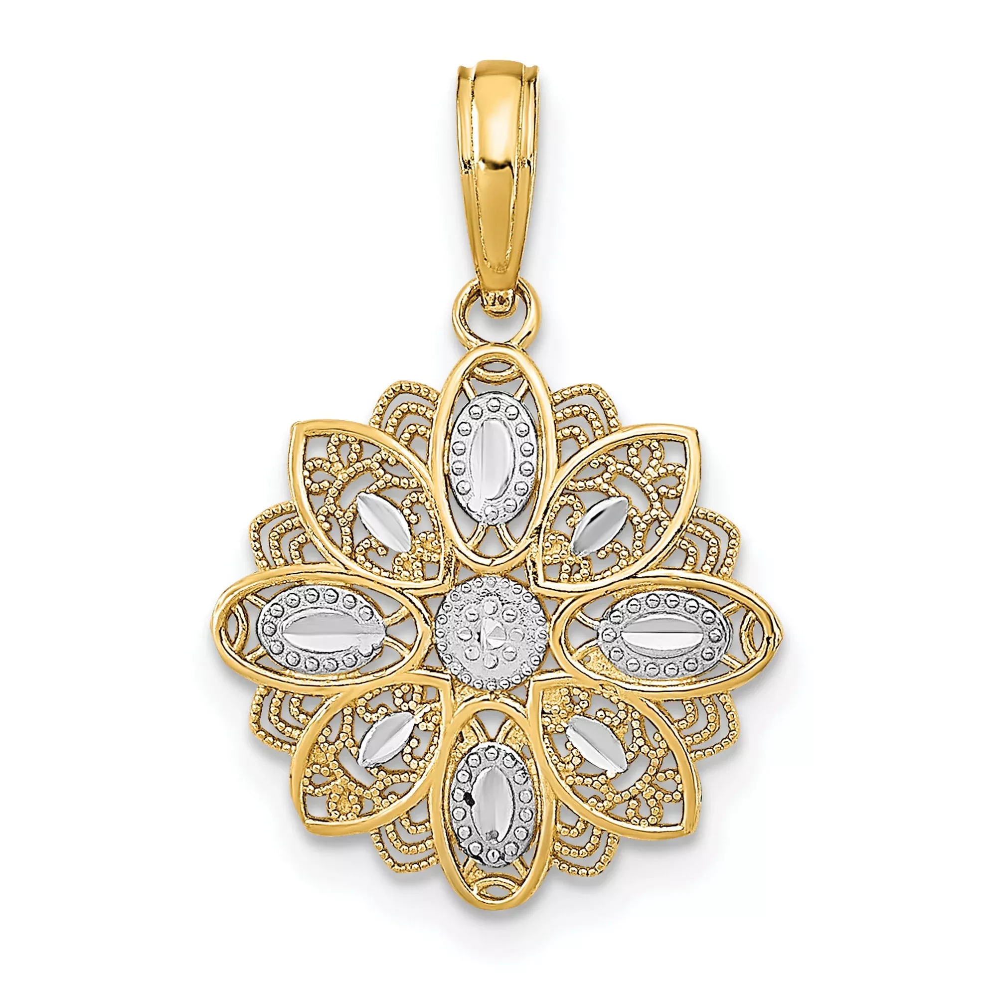 10k Multi-Tone Gold Mandala Flower Pendant with Rhodium Filigree Detail