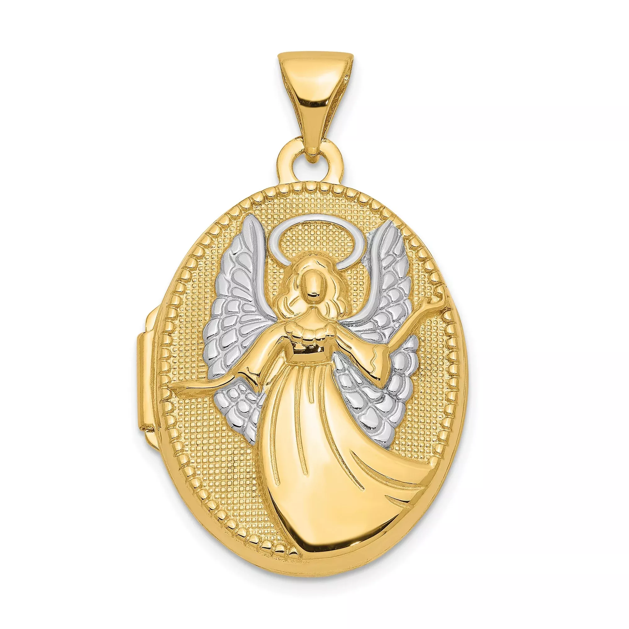 10k Multi-Tone Gold Oval Angel Locket Pendant with Rhodium Accents, Guardian Halo Design