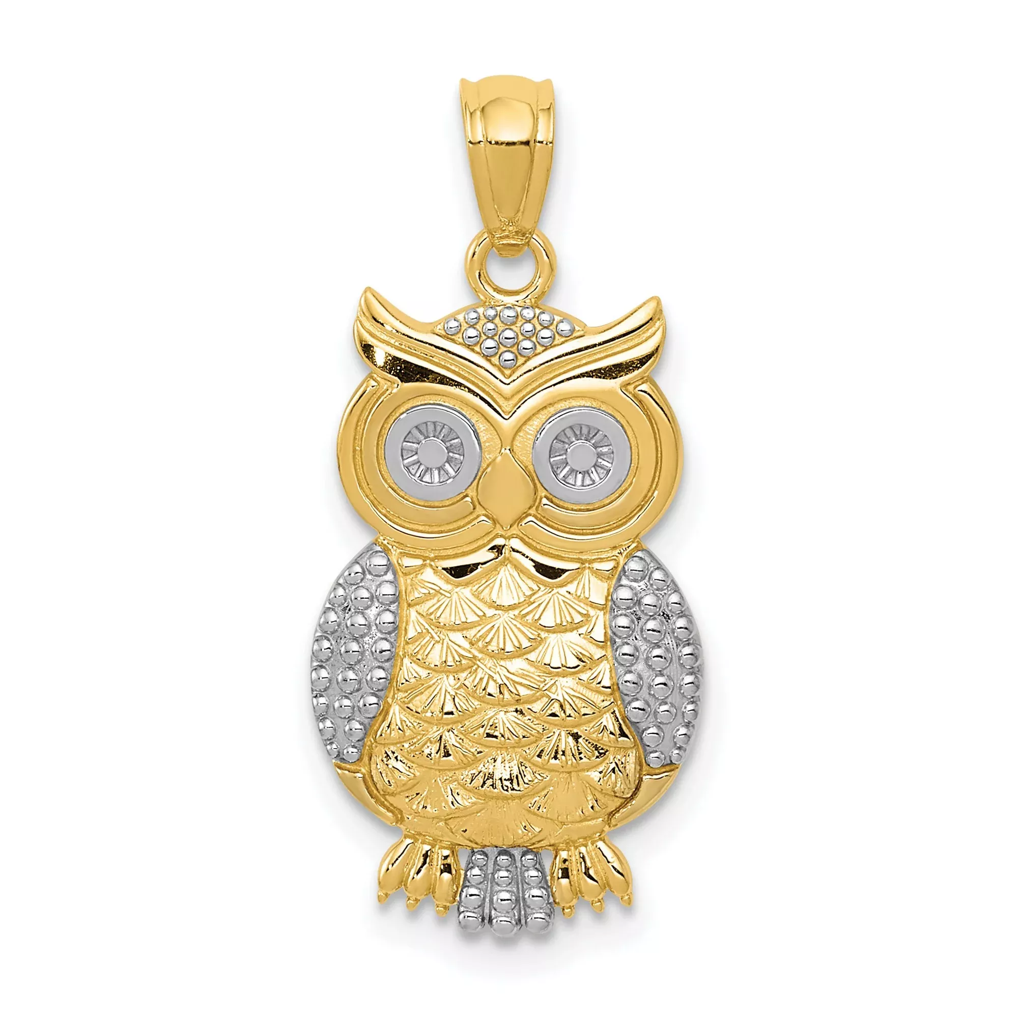 10k Multi-Tone Gold Owl Pendant with Textured Rhodium Detailing, Nature-Inspired Bird Charm