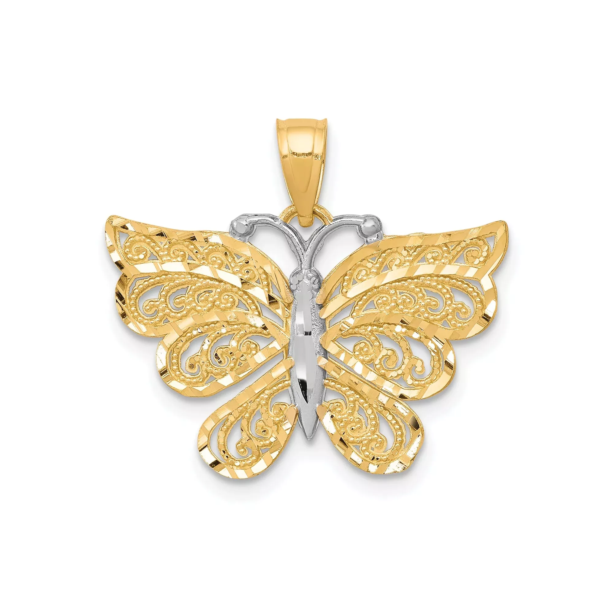10k Multi-Tone Gold Pendant, Rhodium Butterfly Filigree Design, Nature-Inspired for Women