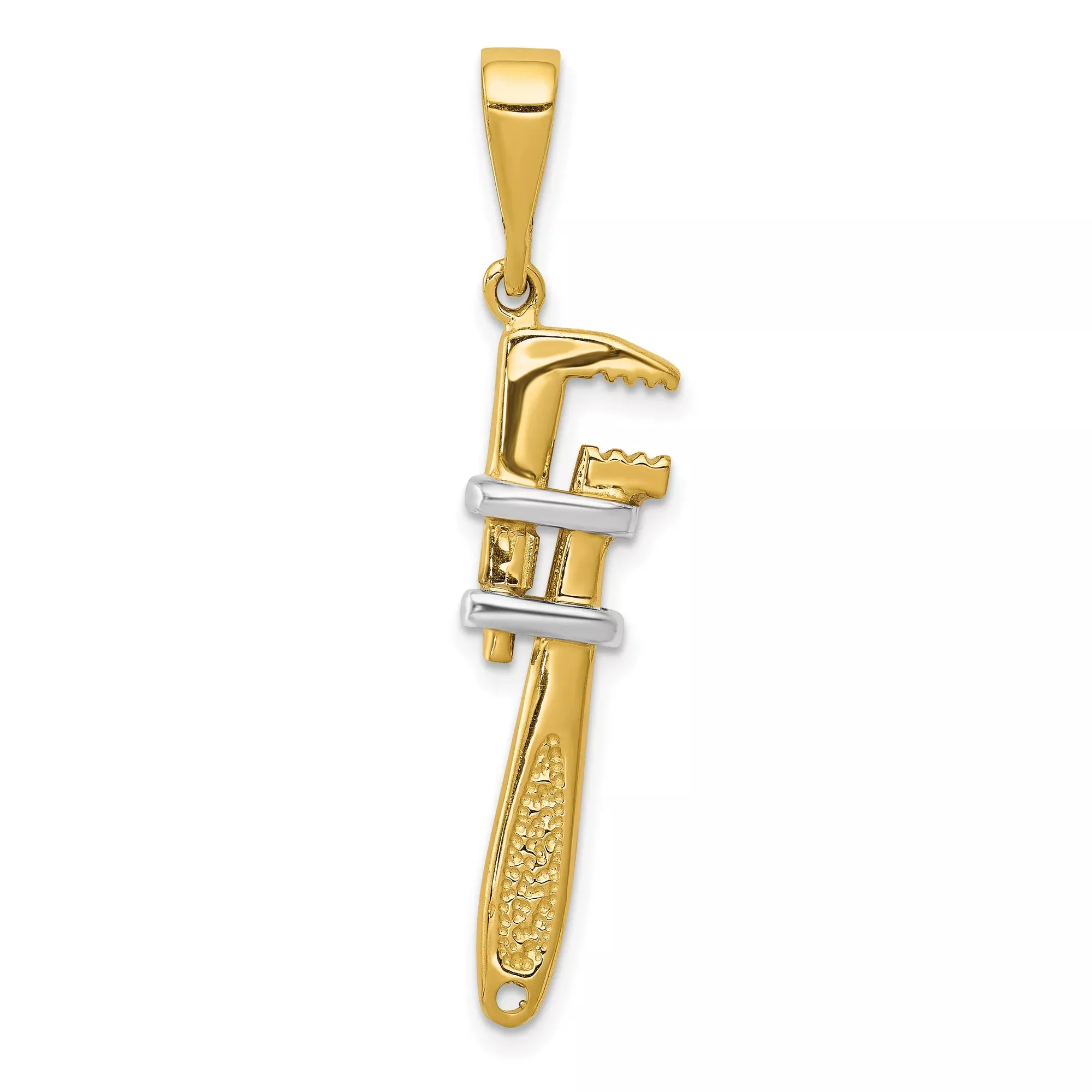 10k Multi-Tone Gold Pipe Wrench Pendant with Rhodium Accents, Tool Symbol for Skilled Tradesmen