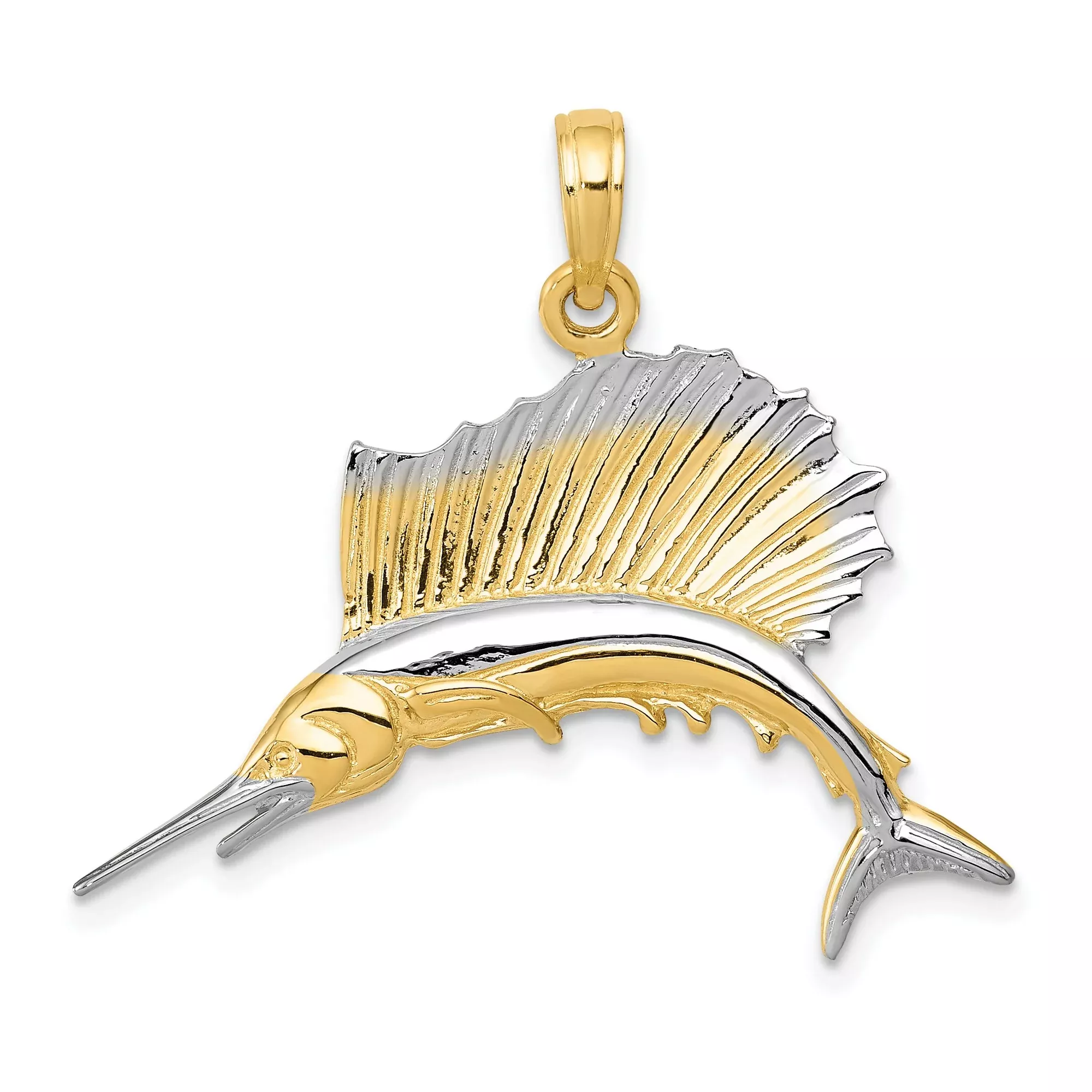 10k Multi-Tone Gold Sailfish Pendant, Two-Tone Ocean Fish Nautical Jewelry