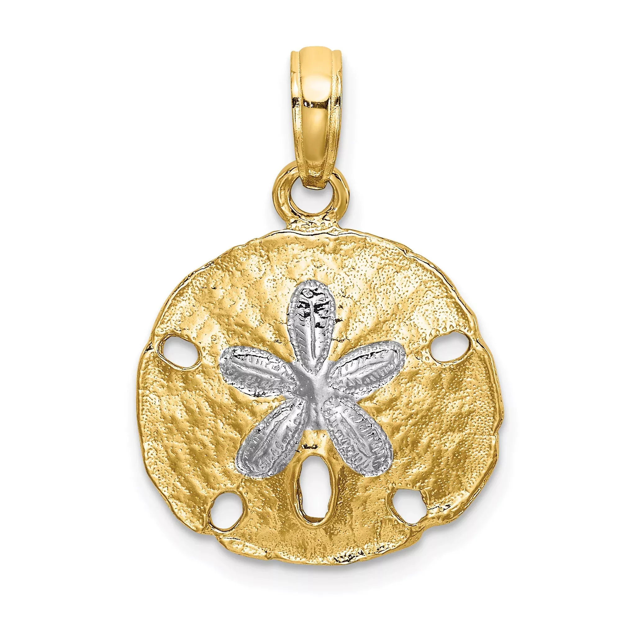 10k Multi-Tone Gold Sand Dollar Pendant with Star Design, Nautical Beach Charm