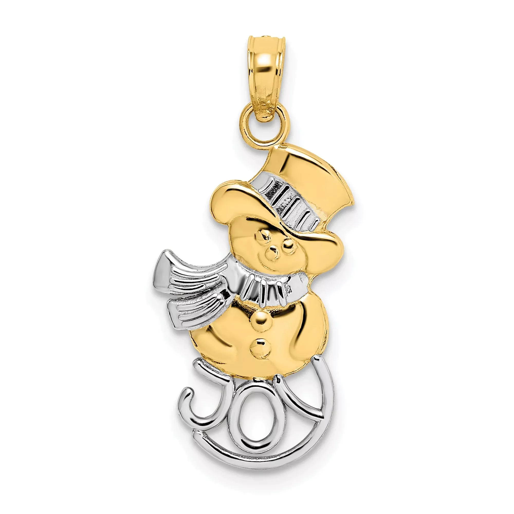 10k Multi-Tone Gold Snowman Pendant with Rhodium Accents, JOY Word, Winter Holiday Theme