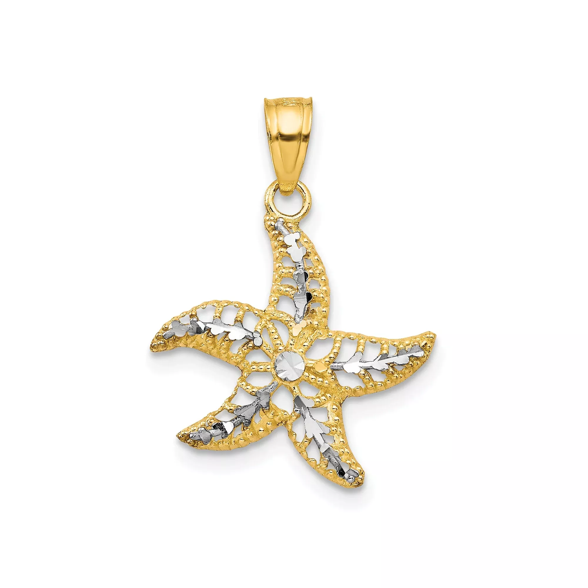 10k Multi-Tone Gold Starfish Pendant with Rhodium Accent and Filigree Design