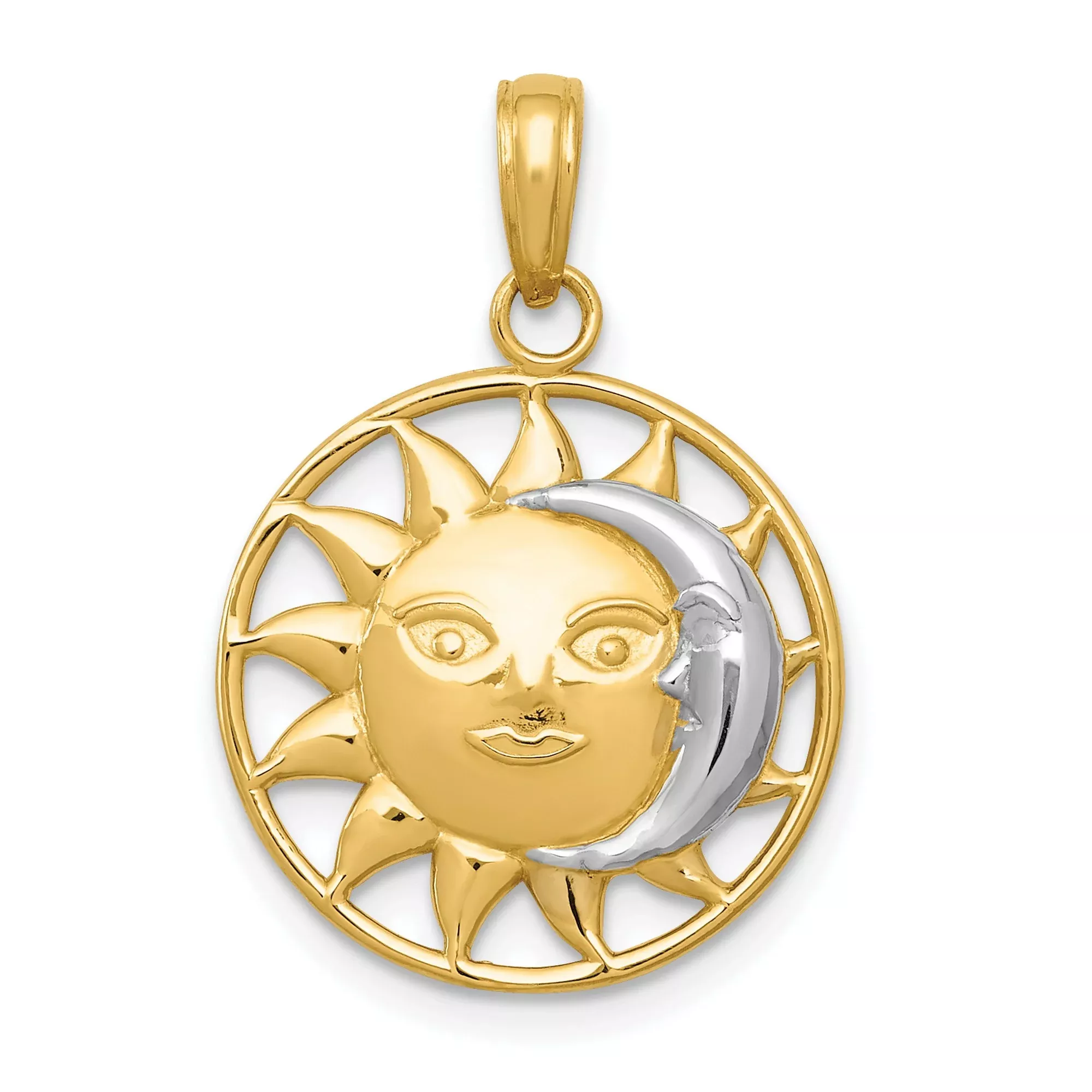 10k Multi-Tone Gold Sun and Moon Pendant, Dual Face Celestial Design, Boho Spiritual Jewelry