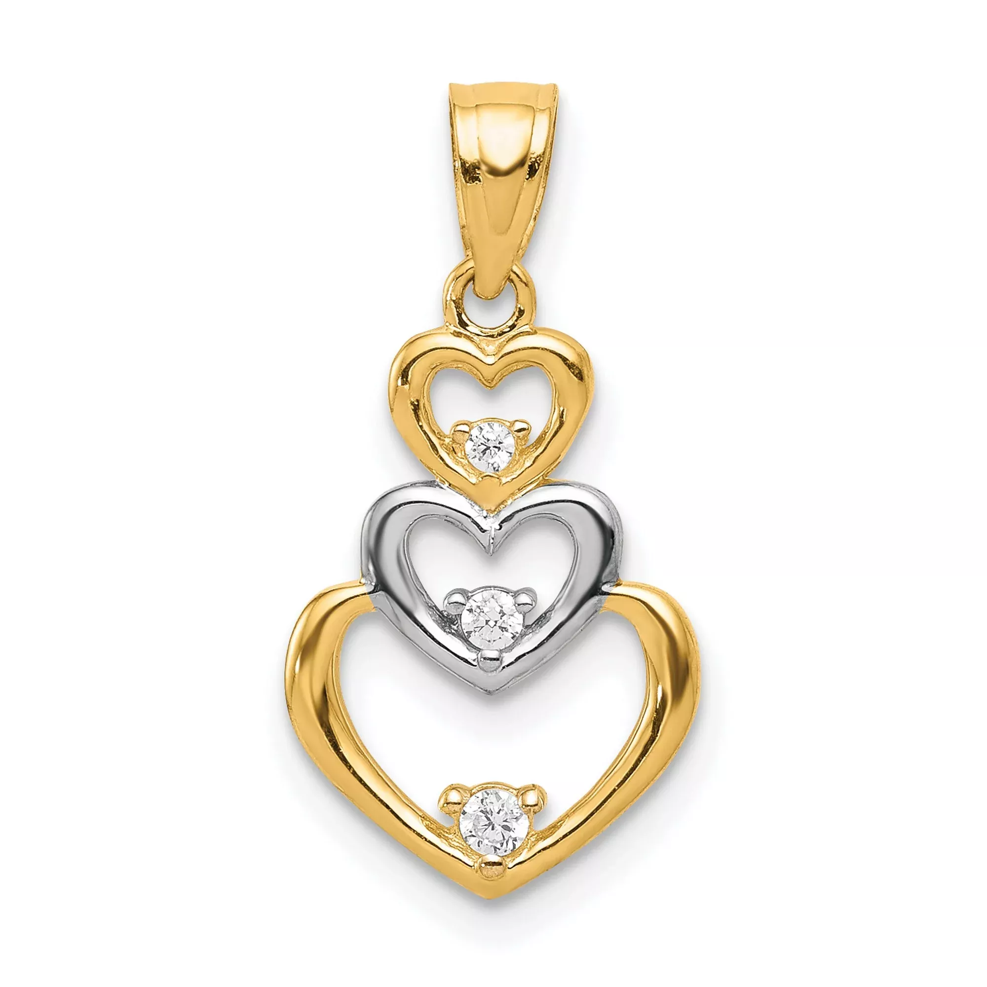 10k Multi-Tone Gold Triple Heart Pendant with Cubic Zirconia, Two-Tone Nested Heart Design