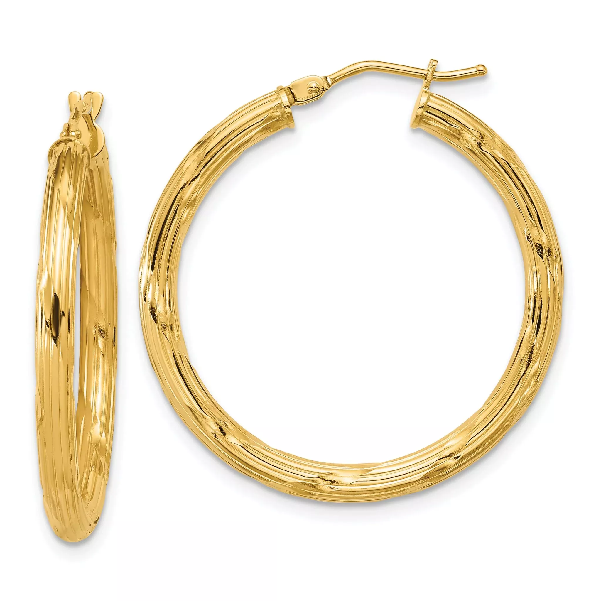 10K Polished and Grooved Round Hoop Earrings