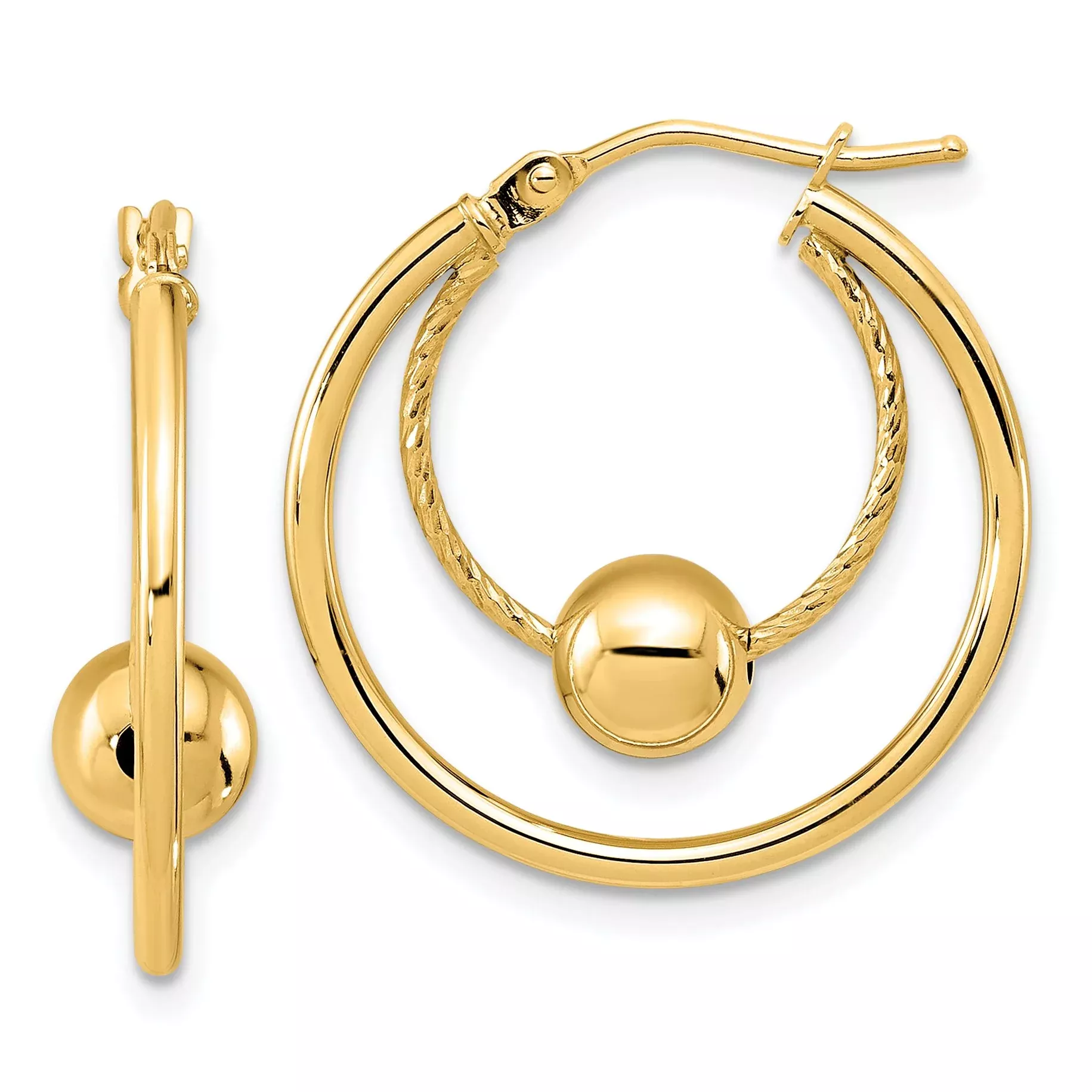 10K Polished Textured w/ 6mm Ball Hoop Earrings