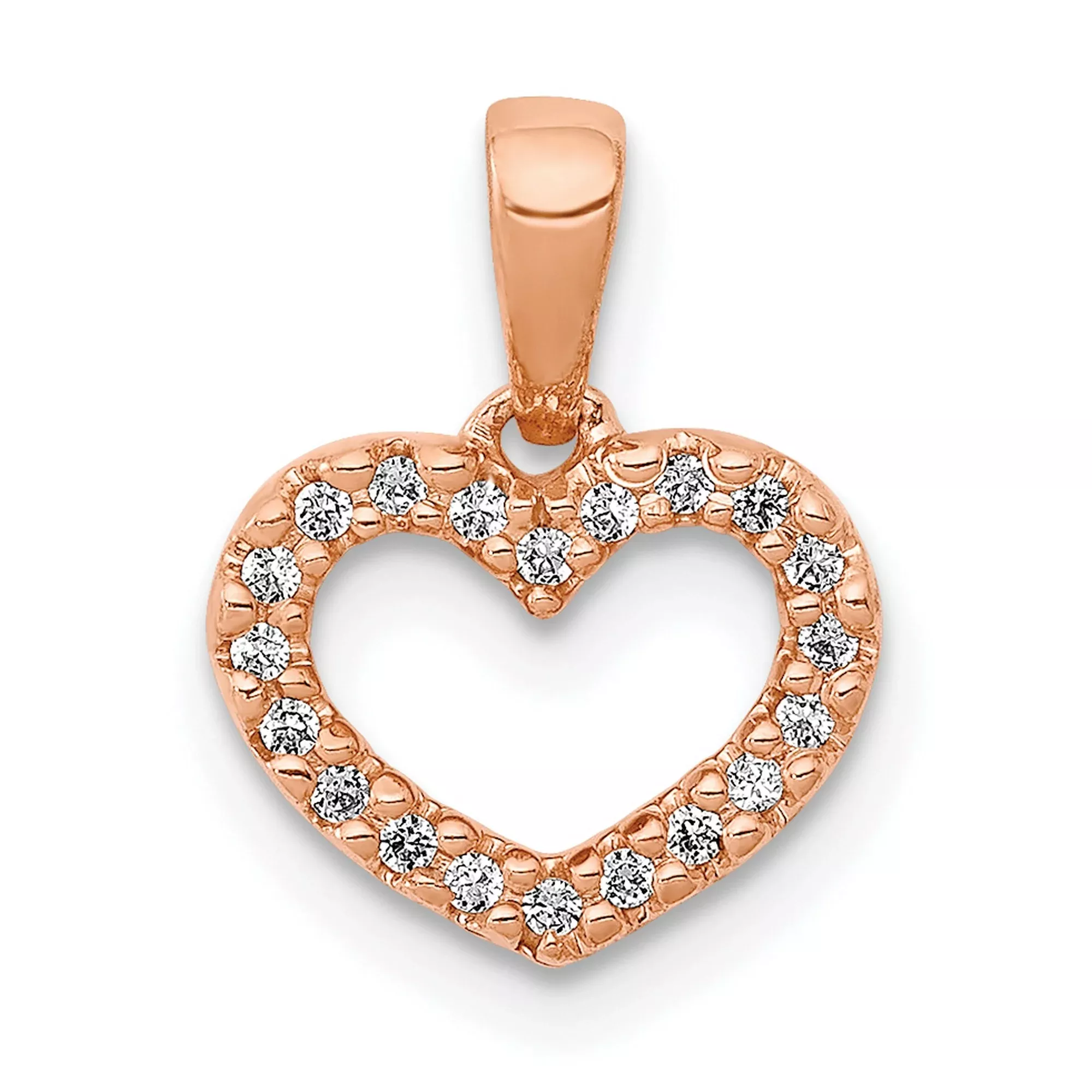10k Rose Gold Heart Pendant with Open Heart Design and Clear Stones for Women