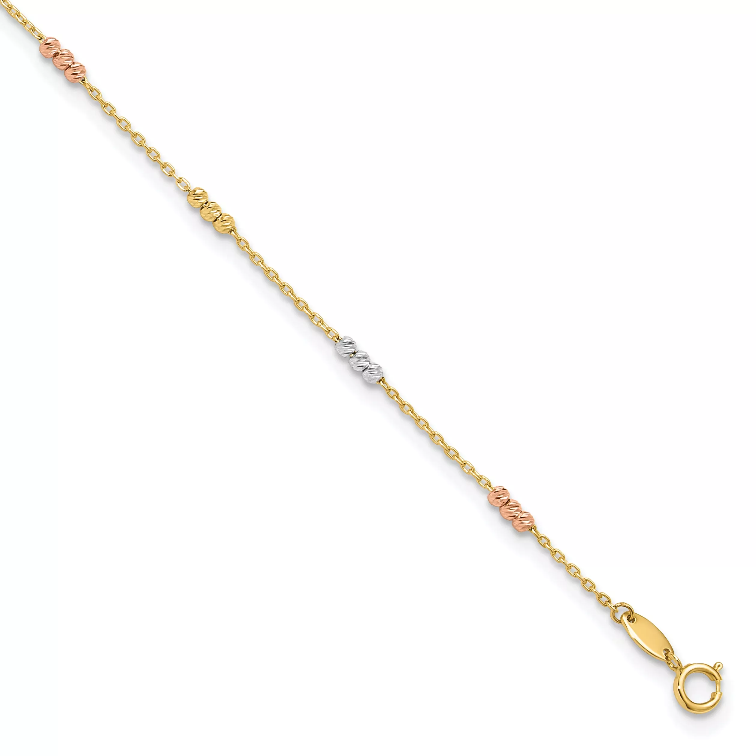 10K Tri-color Polished with D/C Bead 9in Plus 1in. ext. Anklet