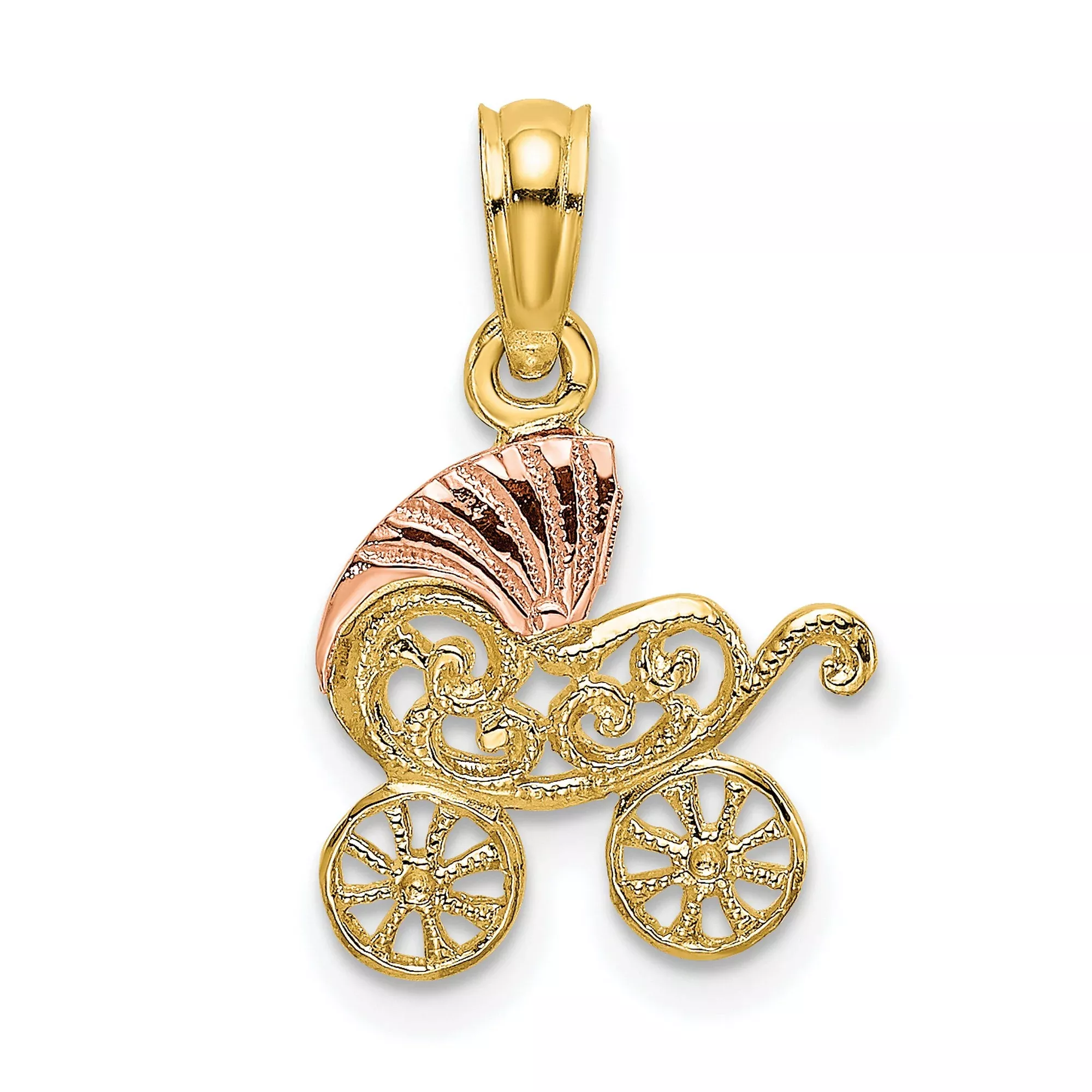 10k Two-Tone Gold Baby Carriage Pendant with Scrollwork Rose Gold Accents