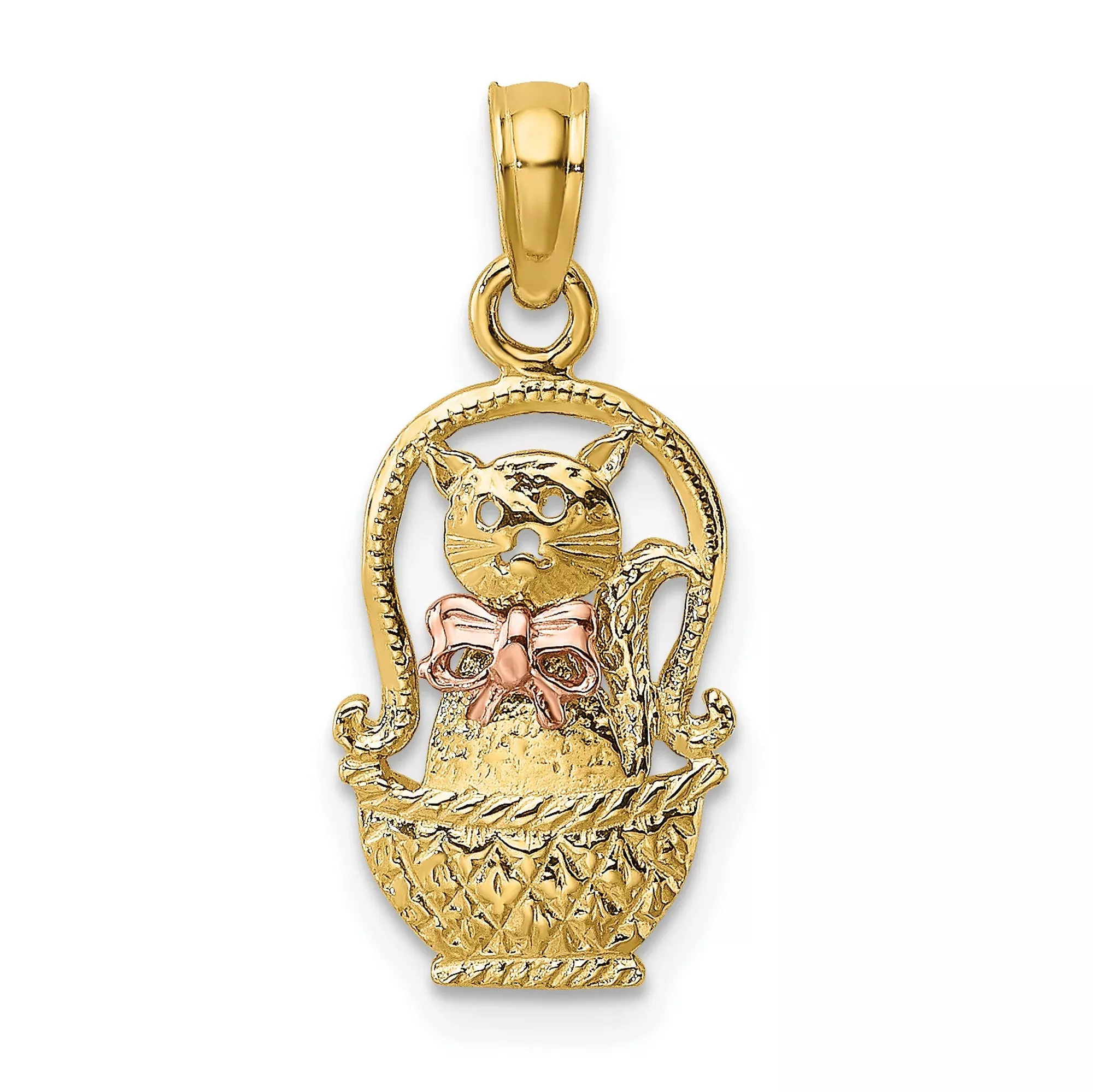 10k Two-Tone Gold Cat Pendant with Rose Gold Bow in Woven Basket Design