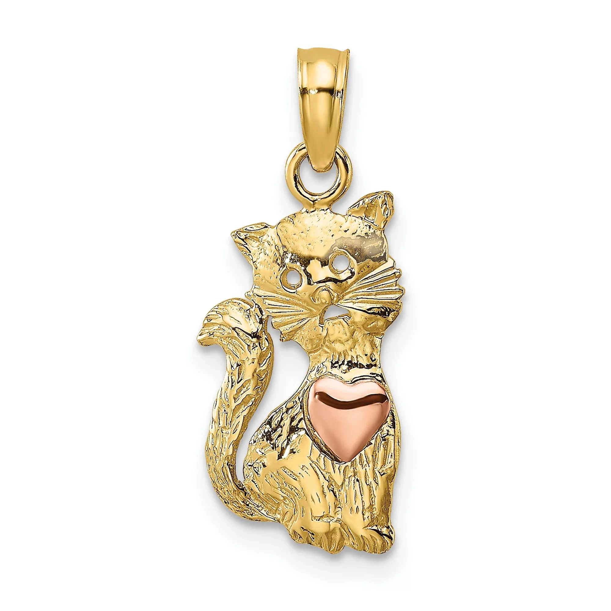 10k Two-Tone Gold Cat Pendant with Rose Gold Heart Accent, Animal Theme Jewelry for Women