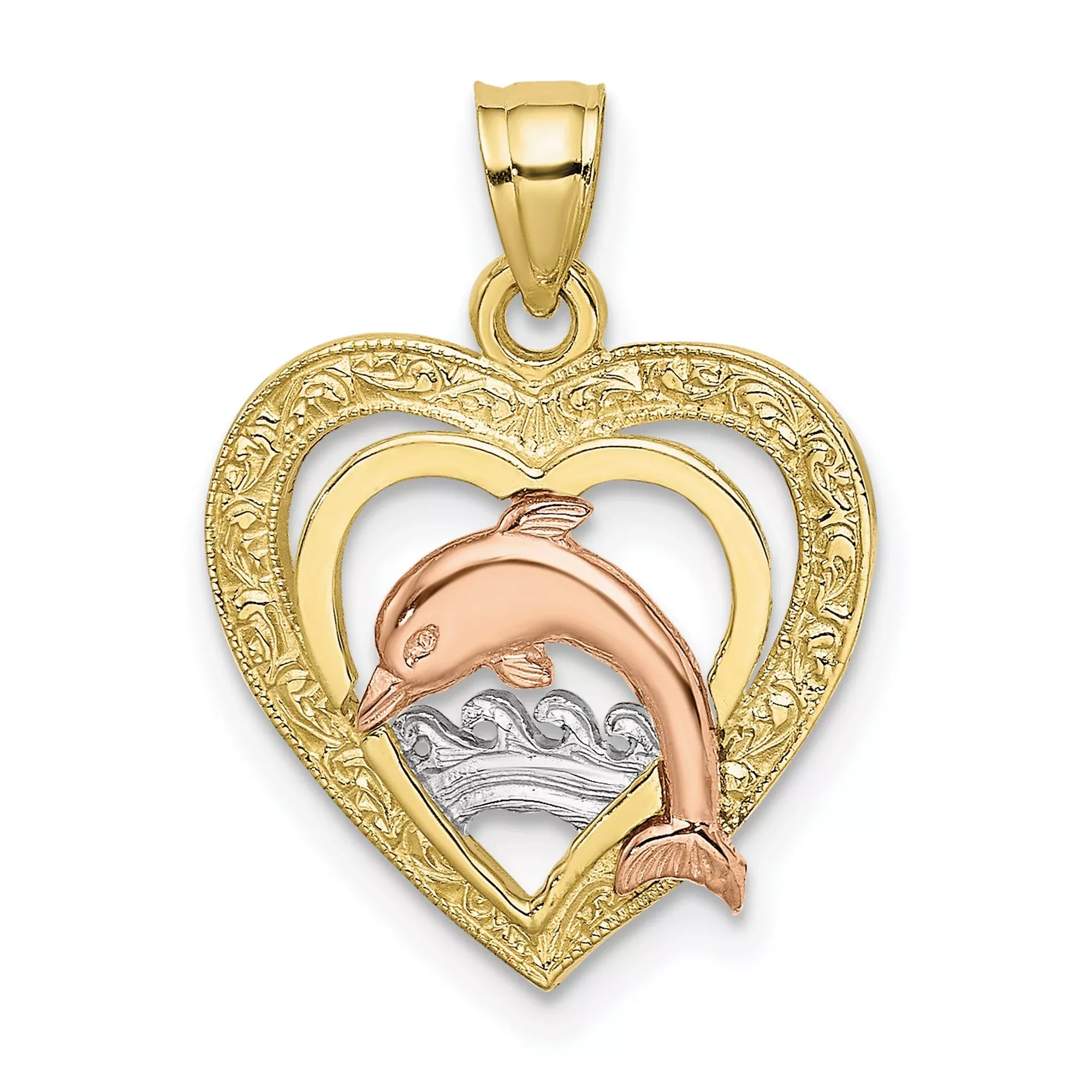 10k Two-Tone Gold Dolphin Heart Pendant with Rose Gold Dolphin and White Gold Waves