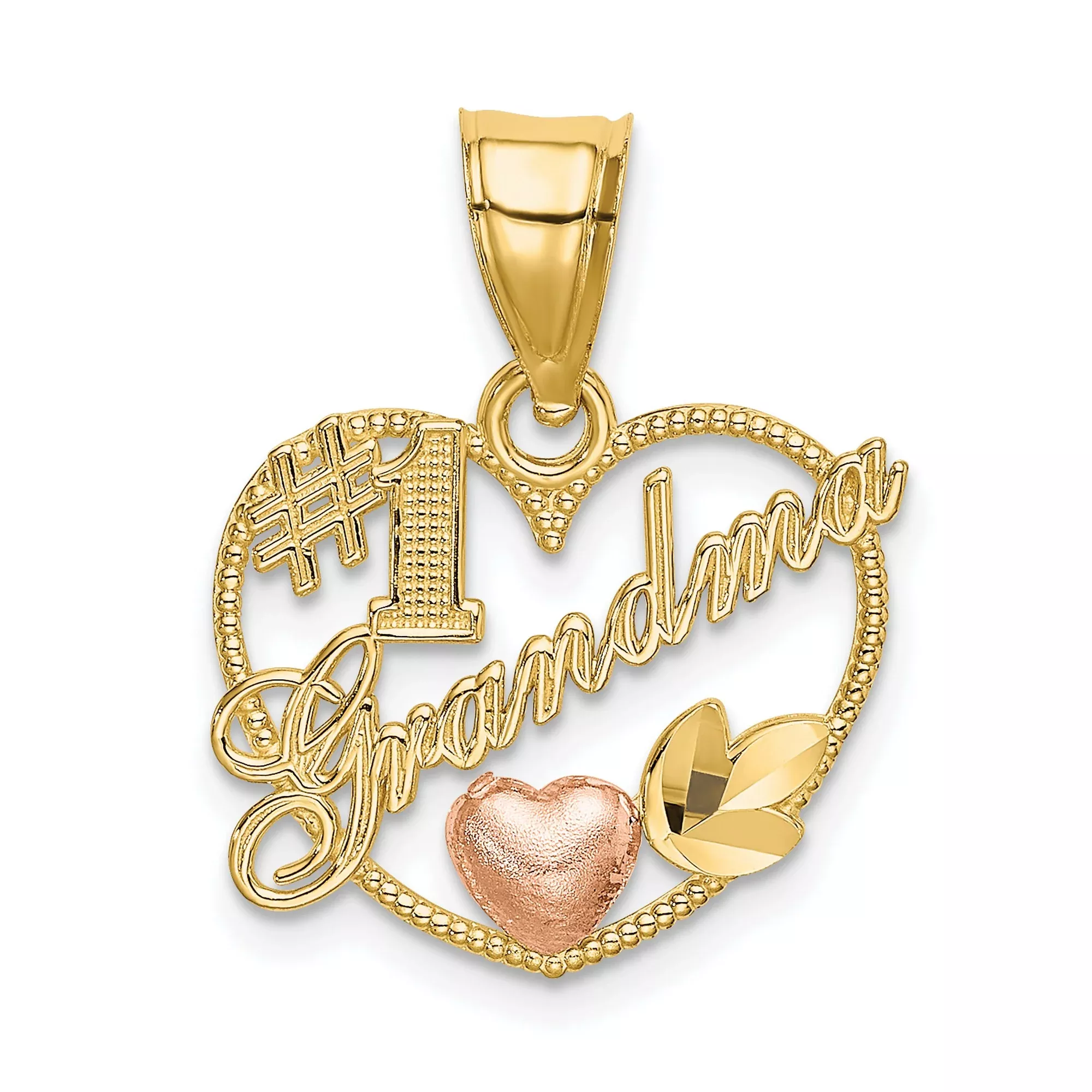 10k Two-Tone Gold Heart Pendant, Scripted Number 1 Grandma with Rose Gold Heart and Leaf Accent