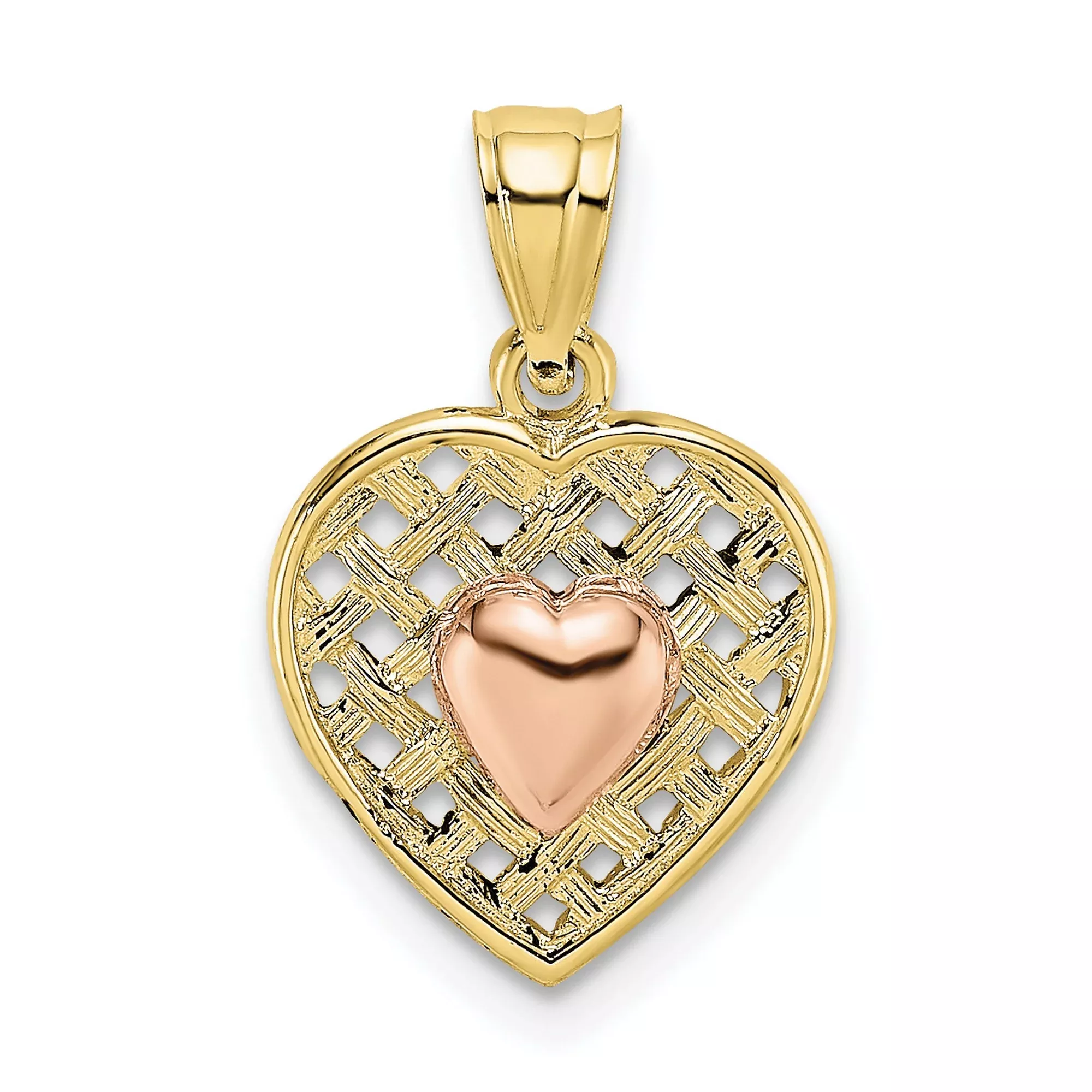 10k Two-Tone Gold Heart Pendant with Rose Gold Center and Yellow Gold Lattice Frame