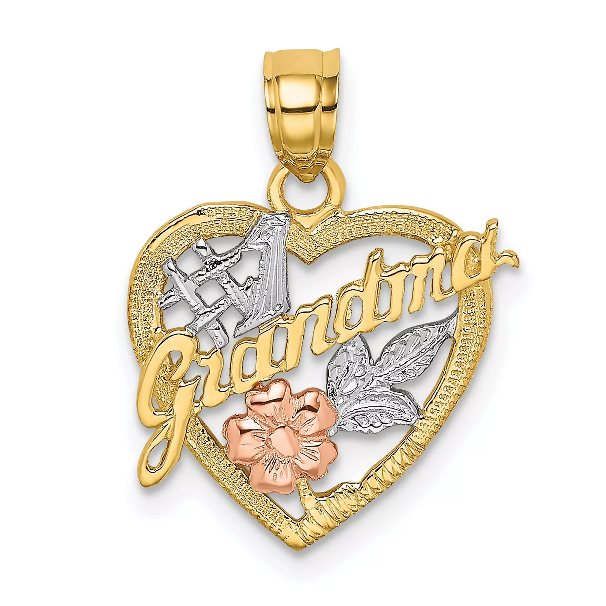 10k Two-Tone Gold Heart Pendant with Rose and Leaf Design, Grandma Script Charm
