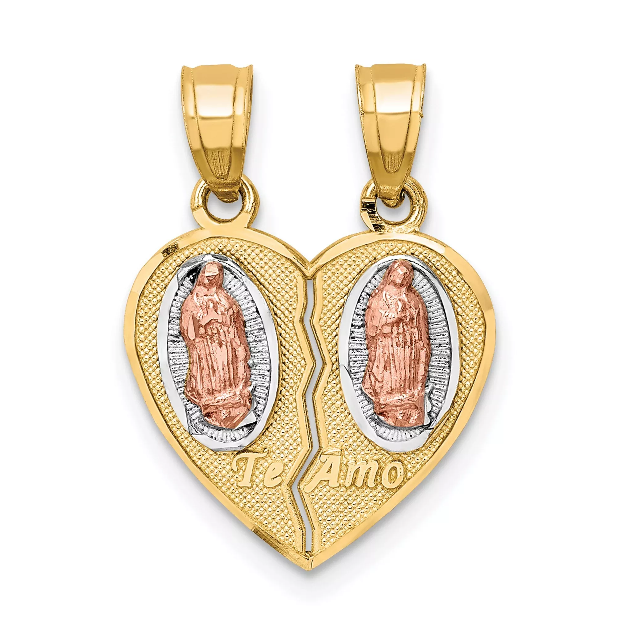 10k Two Tone Gold Heart Pendant with Virgin of Guadalupe and Te Amo Engraving