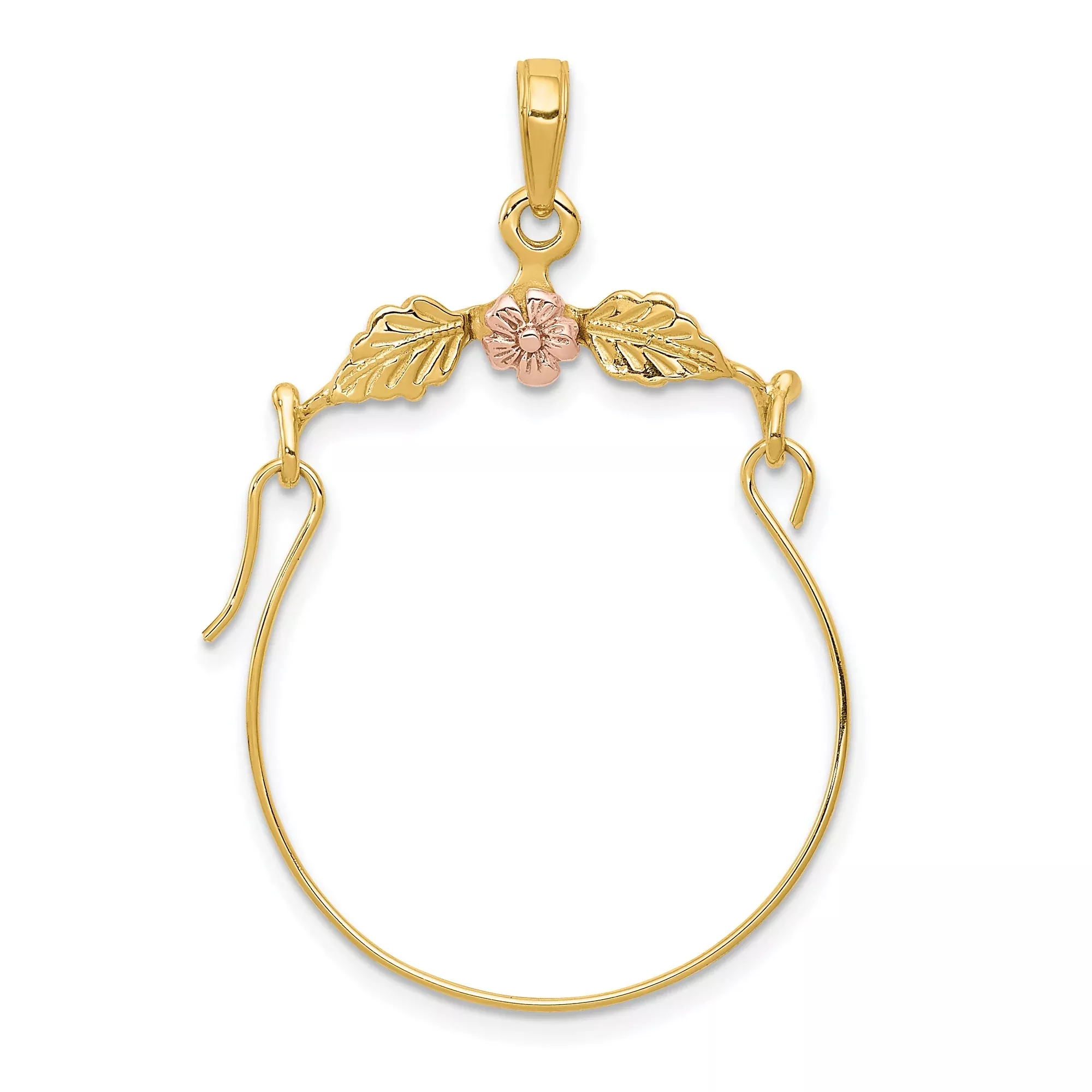 10k Two-Tone Gold Hoop Pendant with Pink Flower and Leaf Detailing, Nature Inspired Design