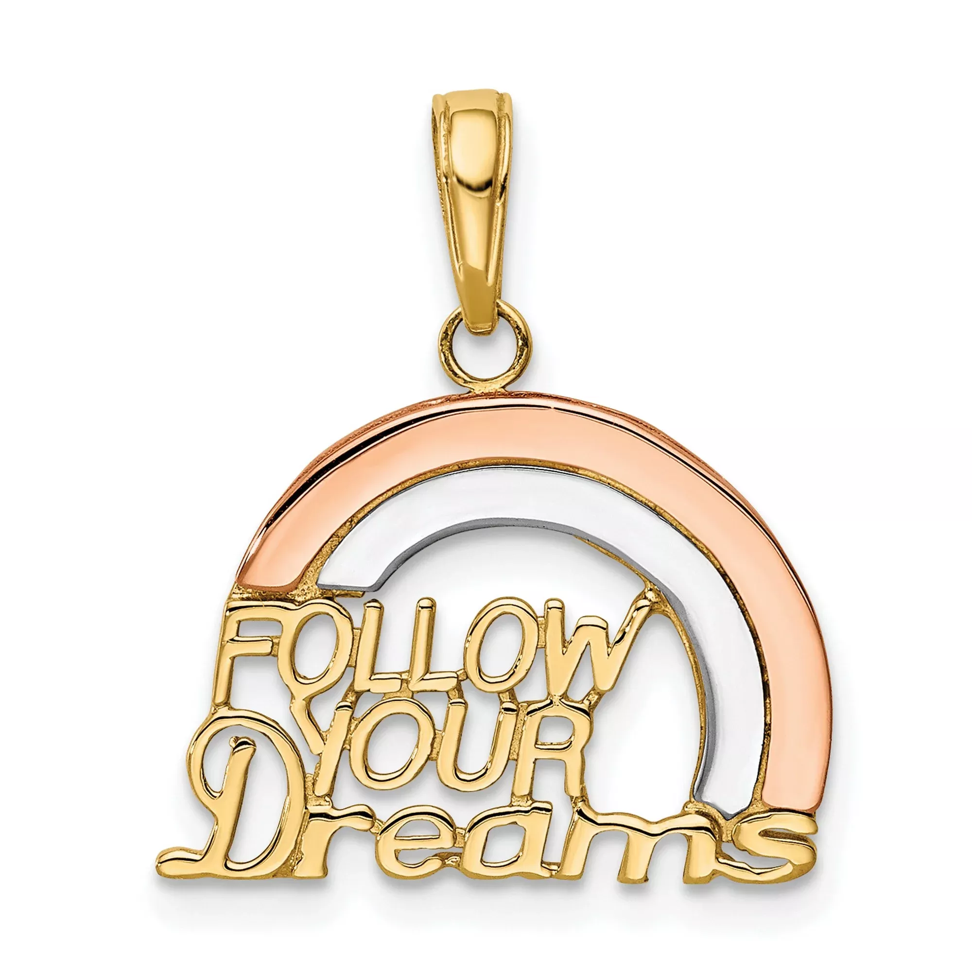 10k Two-Tone Gold Pendant, Rainbow Follow Your Dreams Design, Inspirational Message for Women