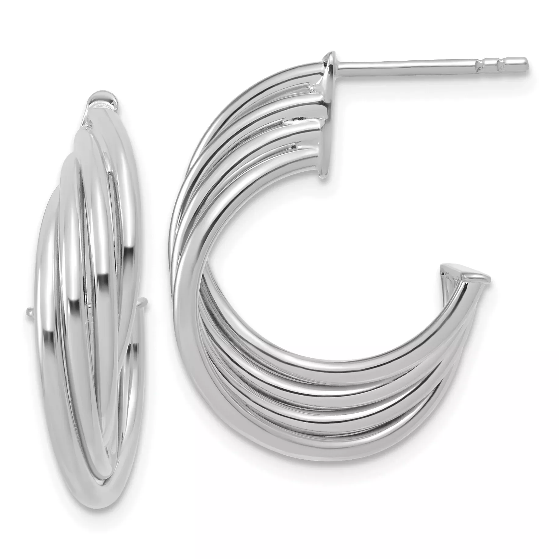 10K w/Rhodium Polished 3-Row Twist J-Hoop Post Earrings