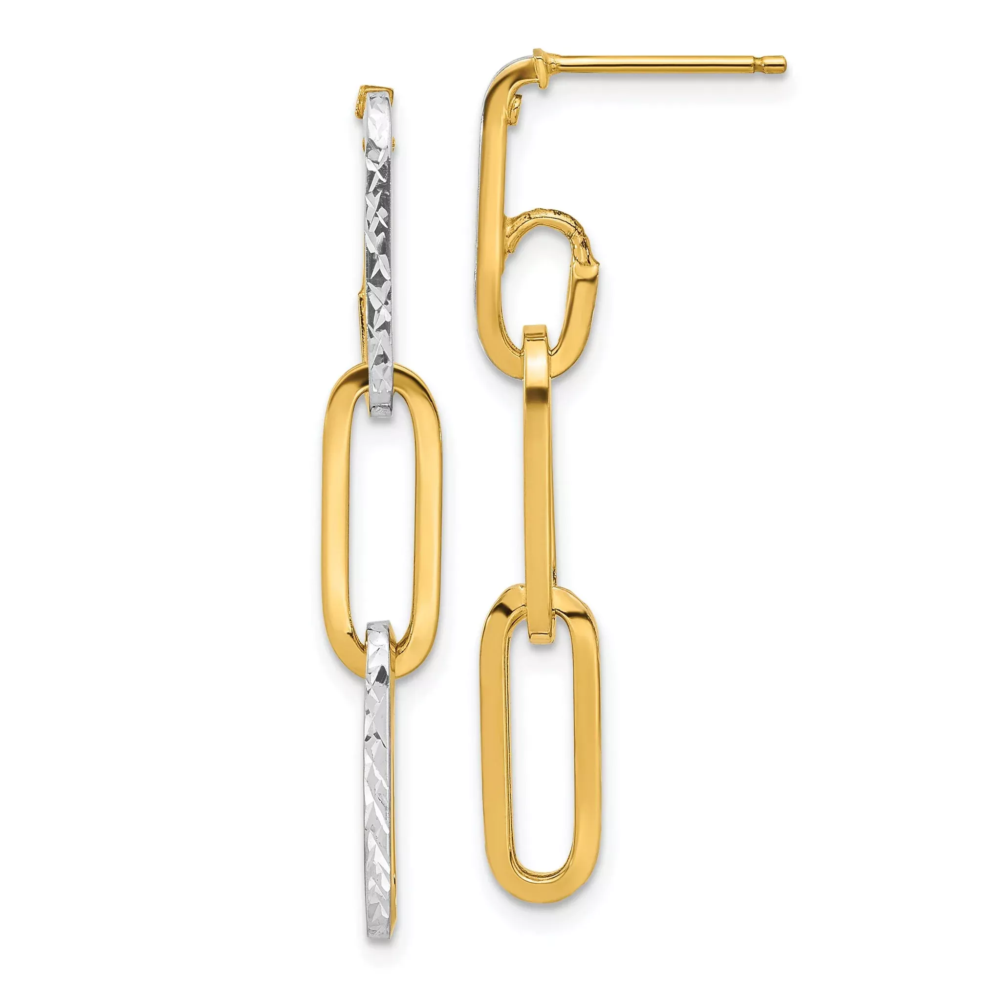 10K w/ White Rhod Polished/Dia-cut Link Dangle Earrings
