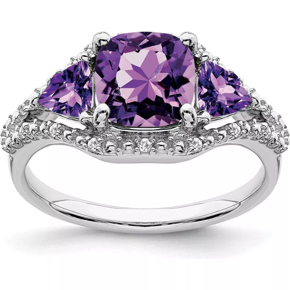 10K White Gold 3-Stone Amethyst and Diamond Ring - 2.25 Carat Total Gem Weight - Size 7 by Monteluci Fine Jewelry