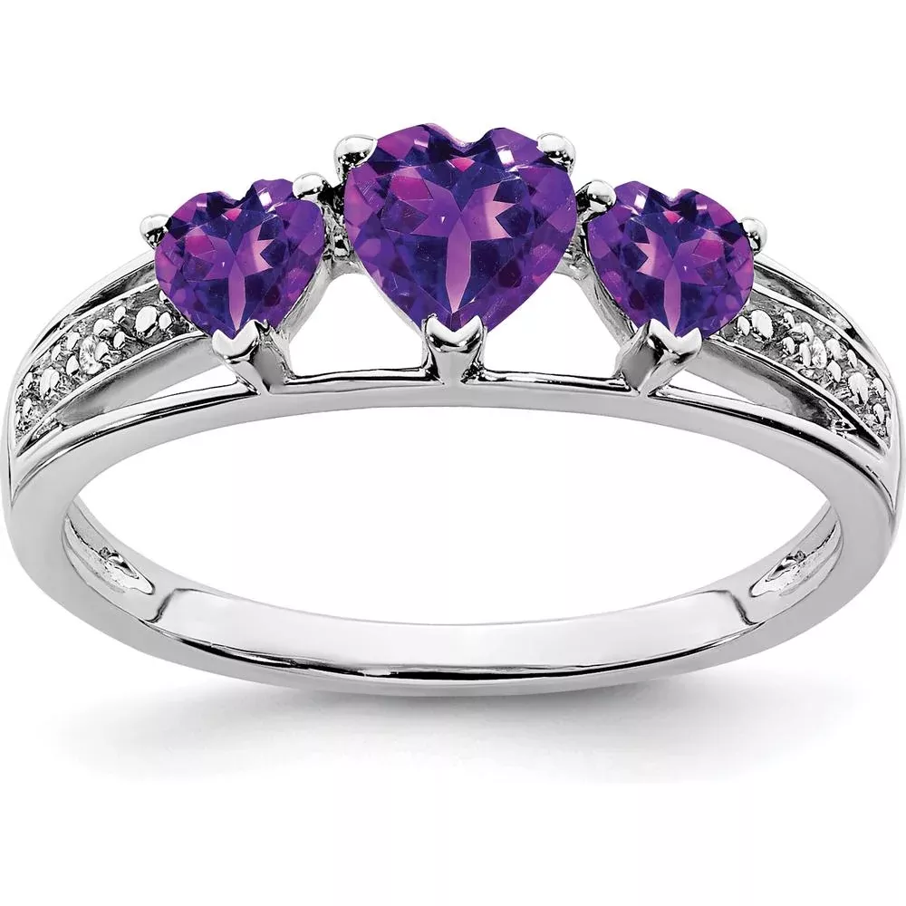 10K White Gold 3-Stone Heart Amethyst and Diamond Ring - 0.60 Carat Total Gem Weight - Size 7 by Monteluci Fine Jewelry