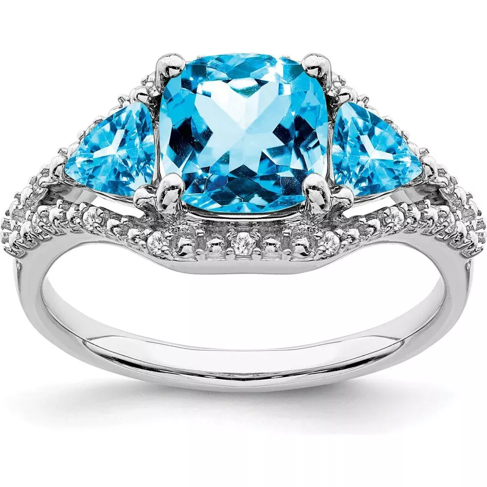 10K White Gold 3 Stone Swiss Blue Topaz and Diamond Ring - 2.25 Carat Total Gemstone Weight - Size 7 by Monteluci Fine Jewelry