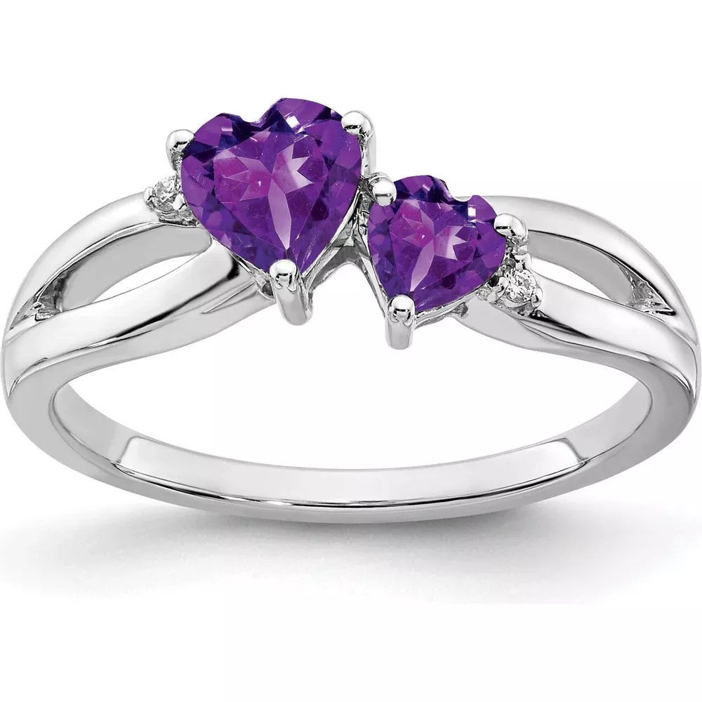 10K White Gold Amethyst and Diamond 2-Stone Heart Ring with Heart-Shaped Amethysts and Round Diamonds - 0.65 Carat Total Gem Weight - Size 7 by Monteluci Fine Jewelry