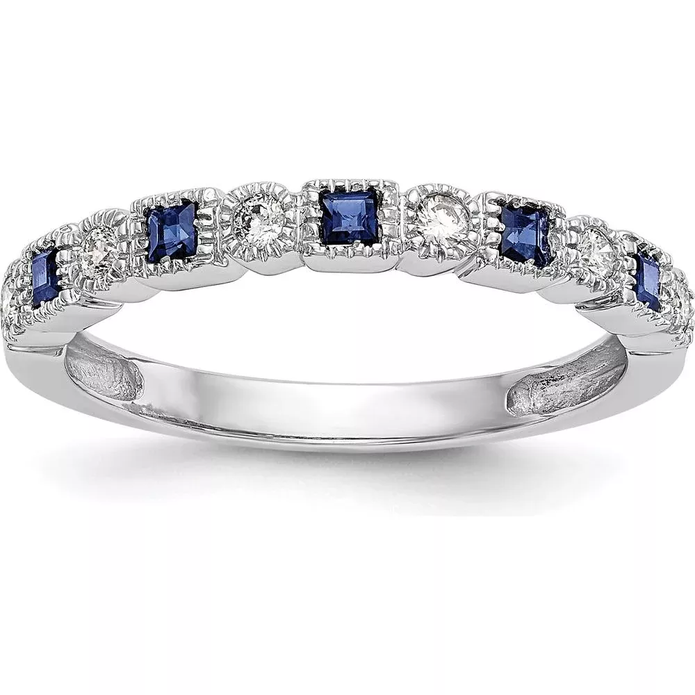 10K White Gold Band with Alternating Princess Cut Sapphires and Round Diamonds - 0.20 Carat Total Gemstone Weight - Size 7 by Oro Pregiato