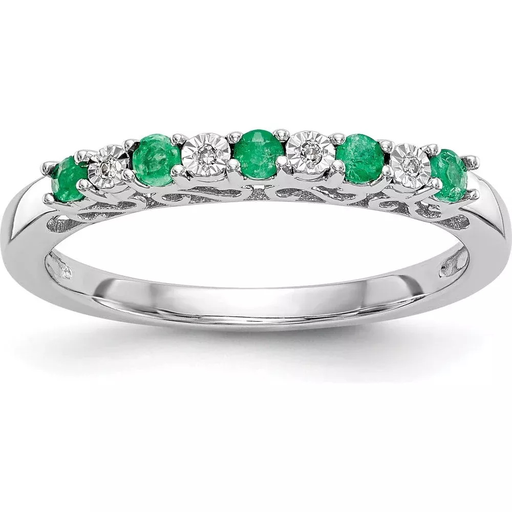 10K White Gold Band with Alternating Round Natural Emeralds (0.25 Carat Total) and Diamonds (0.012 Carat Total) - Size 7 by Oro Pregiato