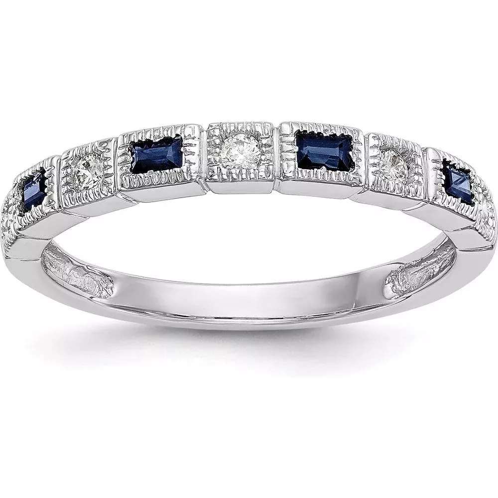 10K White Gold Band with Baguette Sapphires and Round Diamonds - 0.07 Carat Total Gemstone Weight - Size 7 by Oro Pregiato